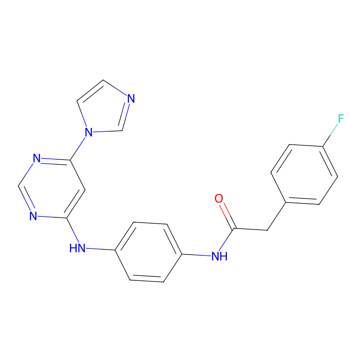 N-(4-((6-(1H-imidazol-1-yl)pyrimidin-4-yl)amino)phenyl)-2-(4-fluorophenyl)acetamide molecular structure, CAS 1203316-24-8