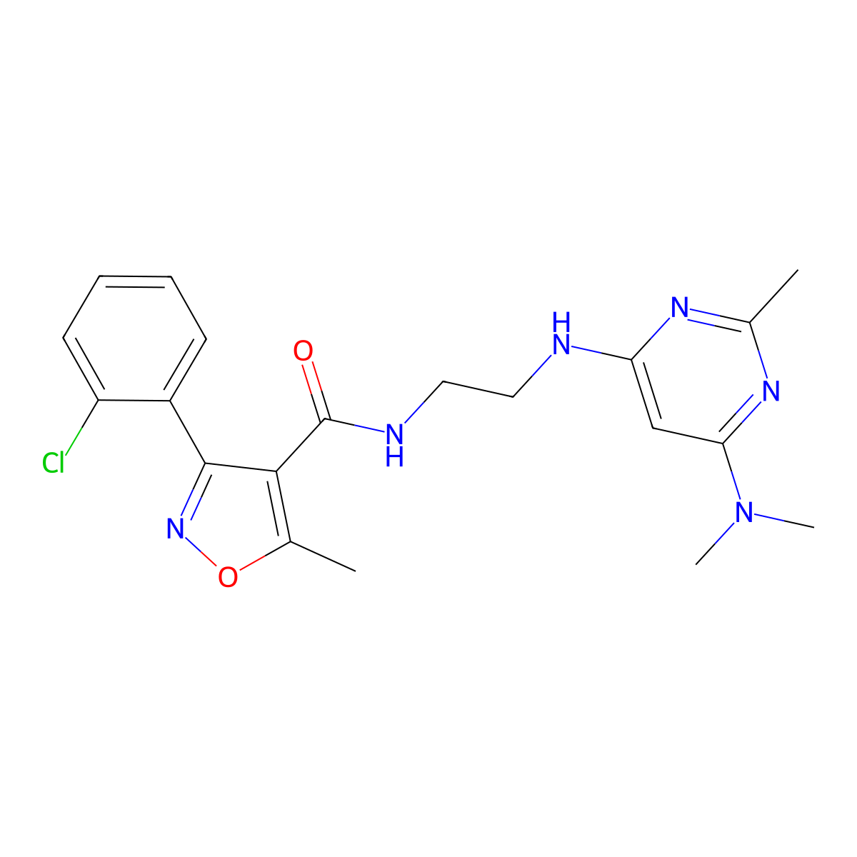 3-(2-chlorophenyl)-N-(2-((6-(dimethylamino)-2-methylpyrimidin-4-yl)amino)ethyl)-5-methylisoxazole-4-carboxamide molecular structure, CAS 1203316-31-7