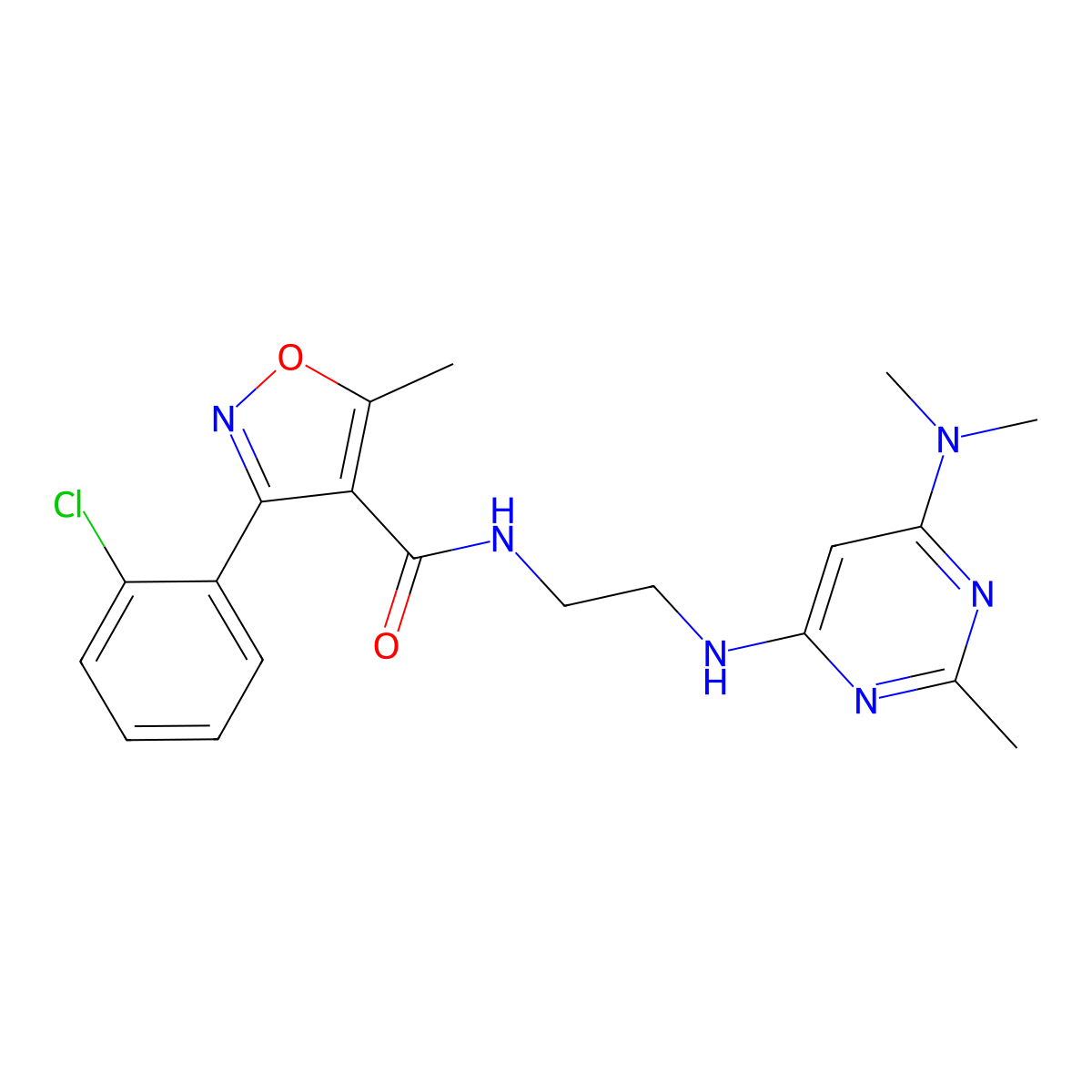 3-(2-chlorophenyl)-N-(2-((6-(dimethylamino)-2-methylpyrimidin-4-yl)amino)ethyl)-5-methylisoxazole-4-carboxamide molecular structure, CAS 1203316-31-7