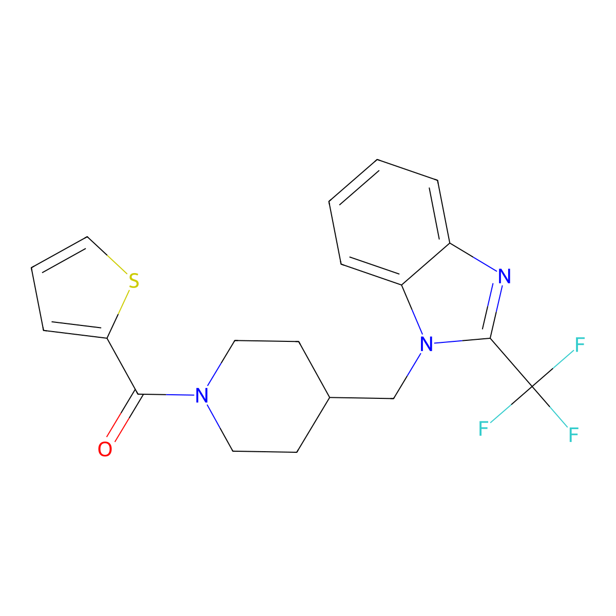 thiophen-2-yl(4-((2-(trifluoromethyl)-1H-benzo[d]imidazol-1-yl)methyl)piperidin-1-yl)methanone molecular structure, CAS 1203316-82-8
