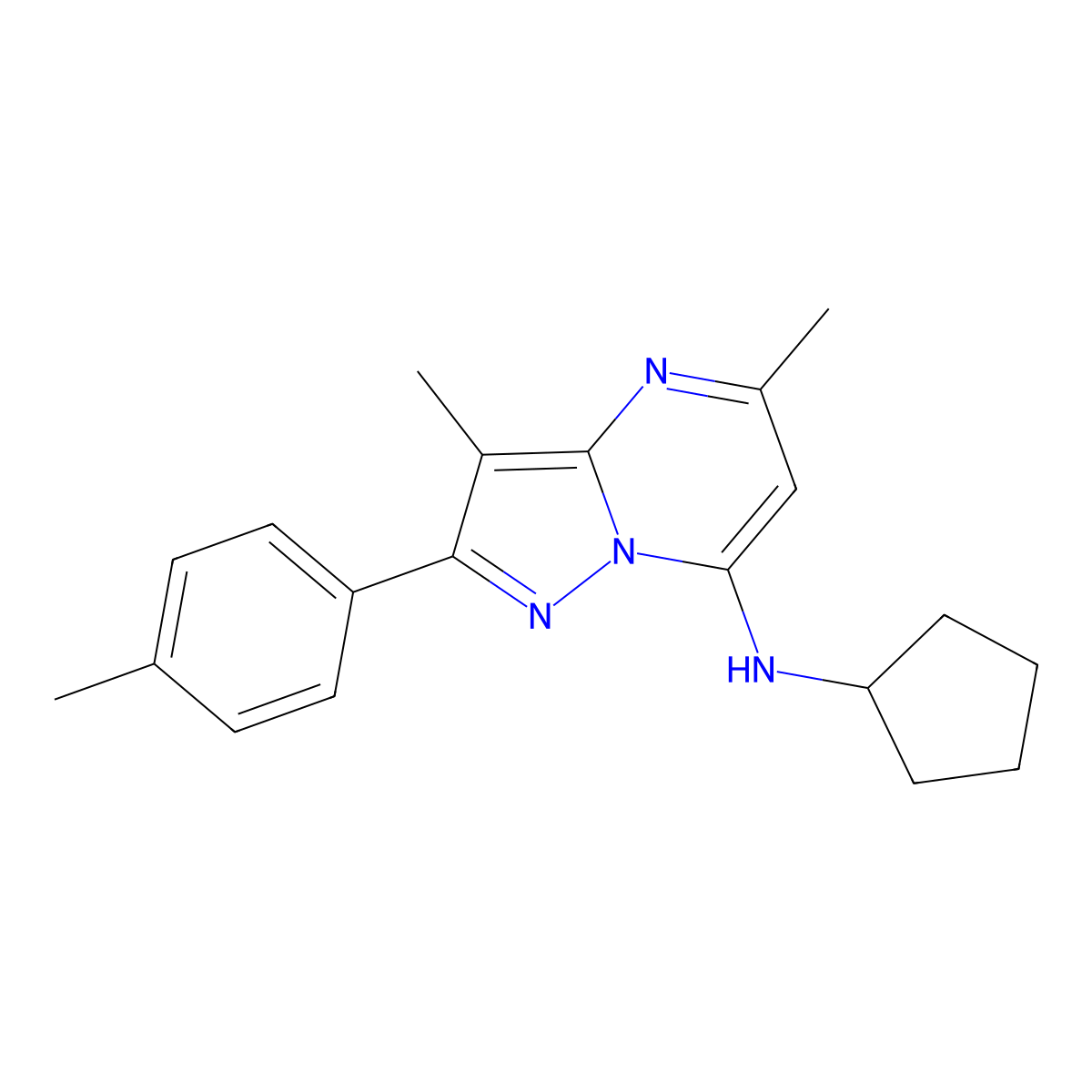 N-cyclopentyl-3,5-dimethyl-2-(4-methylphenyl)pyrazolo[1,5-a]pyrimidin-7-amine molecular structure, CAS 1203318-73-3