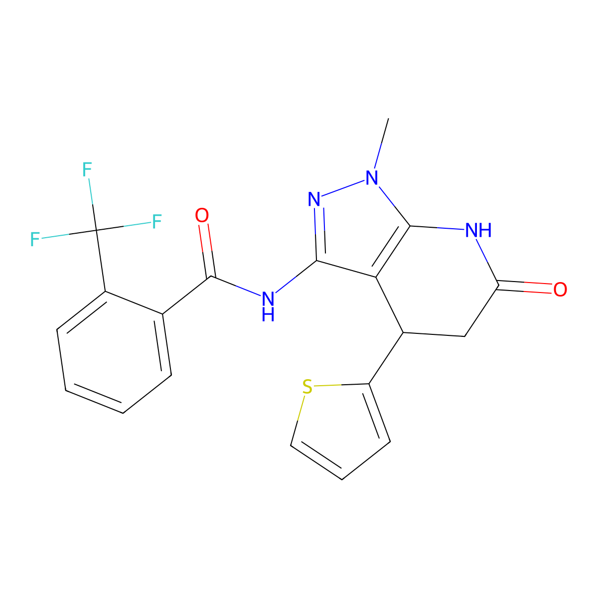 N-(1-methyl-6-oxo-4-(thiophen-2-yl)-4,5,6,7-tetrahydro-1H-pyrazolo[3,4-b]pyridin-3-yl)-2-(trifluoromethyl)benzamide molecular structure, CAS 1203320-06-2