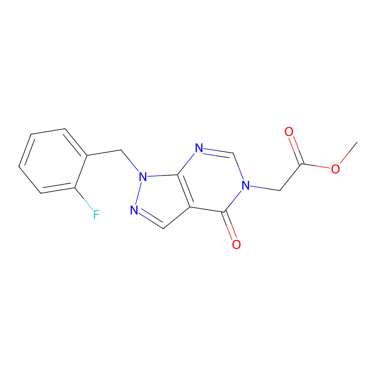 methyl 2-(1-(2-fluorobenzyl)-4-oxo-1H-pyrazolo[3,4-d]pyrimidin-5(4H)-yl)acetate molecular structure, CAS 1203320-85-7