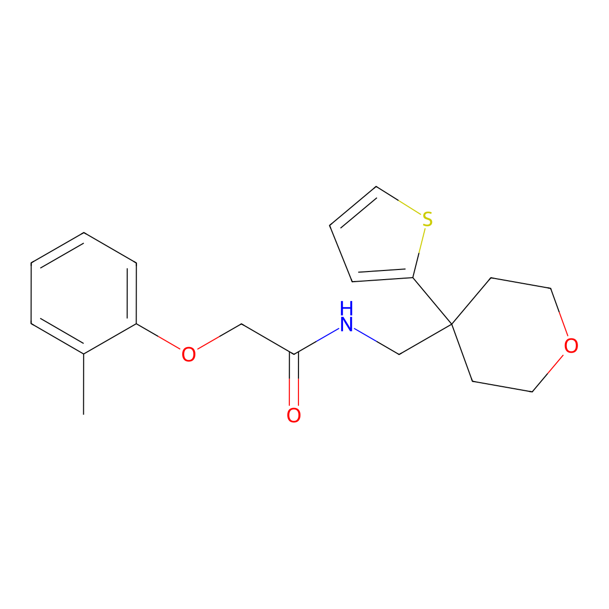 N-((4-(thiophen-2-yl)tetrahydro-2H-pyran-4-yl)methyl)-2-(o-tolyloxy)acetamide molecular structure, CAS 1203321-76-9