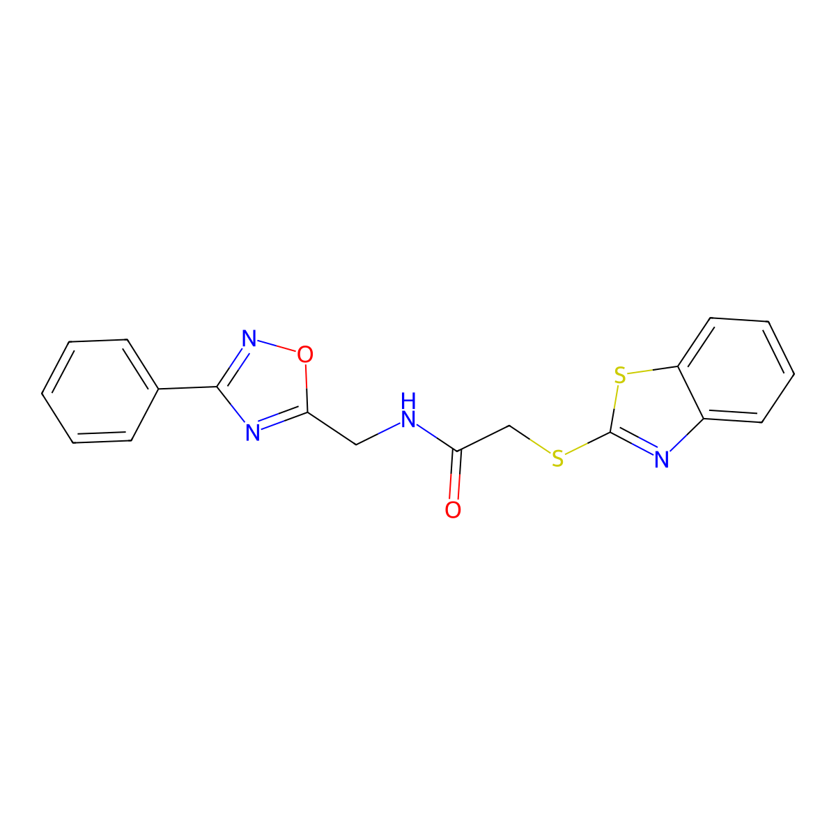 2-(benzo[d]thiazol-2-ylthio)-N-((3-phenyl-1,2,4-oxadiazol-5-yl)methyl)acetamide molecular structure, CAS 1203323-72-1