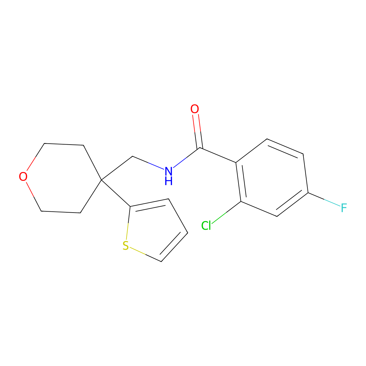 2-chloro-4-fluoro-N-[(4-thiophen-2-yloxan-4-yl)methyl]benzamide molecular structure, CAS 1203323-86-7