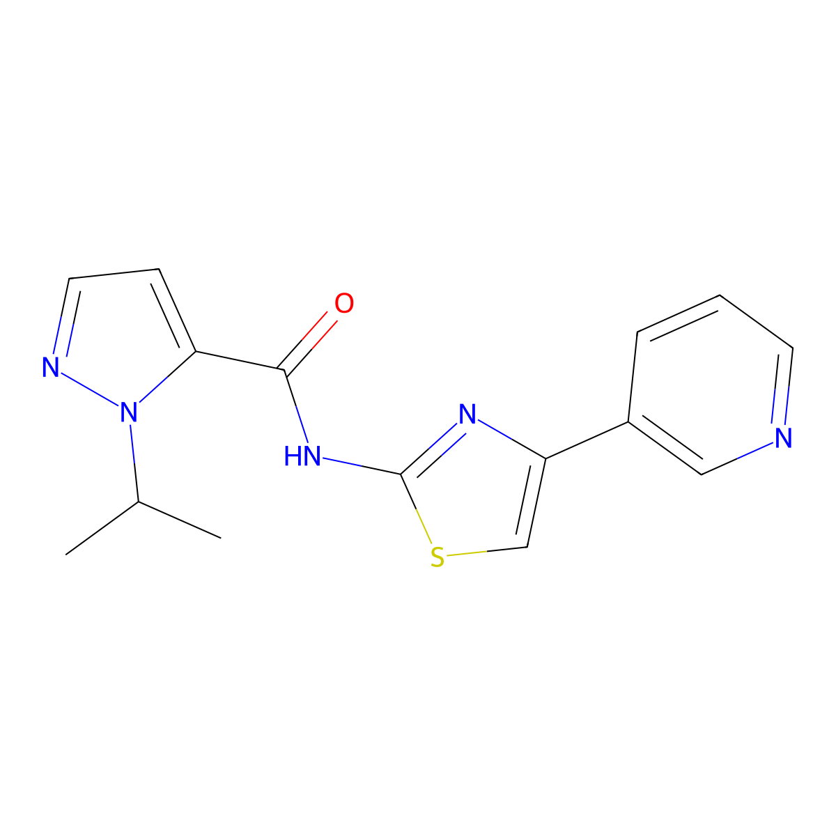 1-isopropyl-N-(4-(pyridin-3-yl)thiazol-2-yl)-1H-pyrazole-5-carboxamide molecular structure, CAS 1203325-58-9