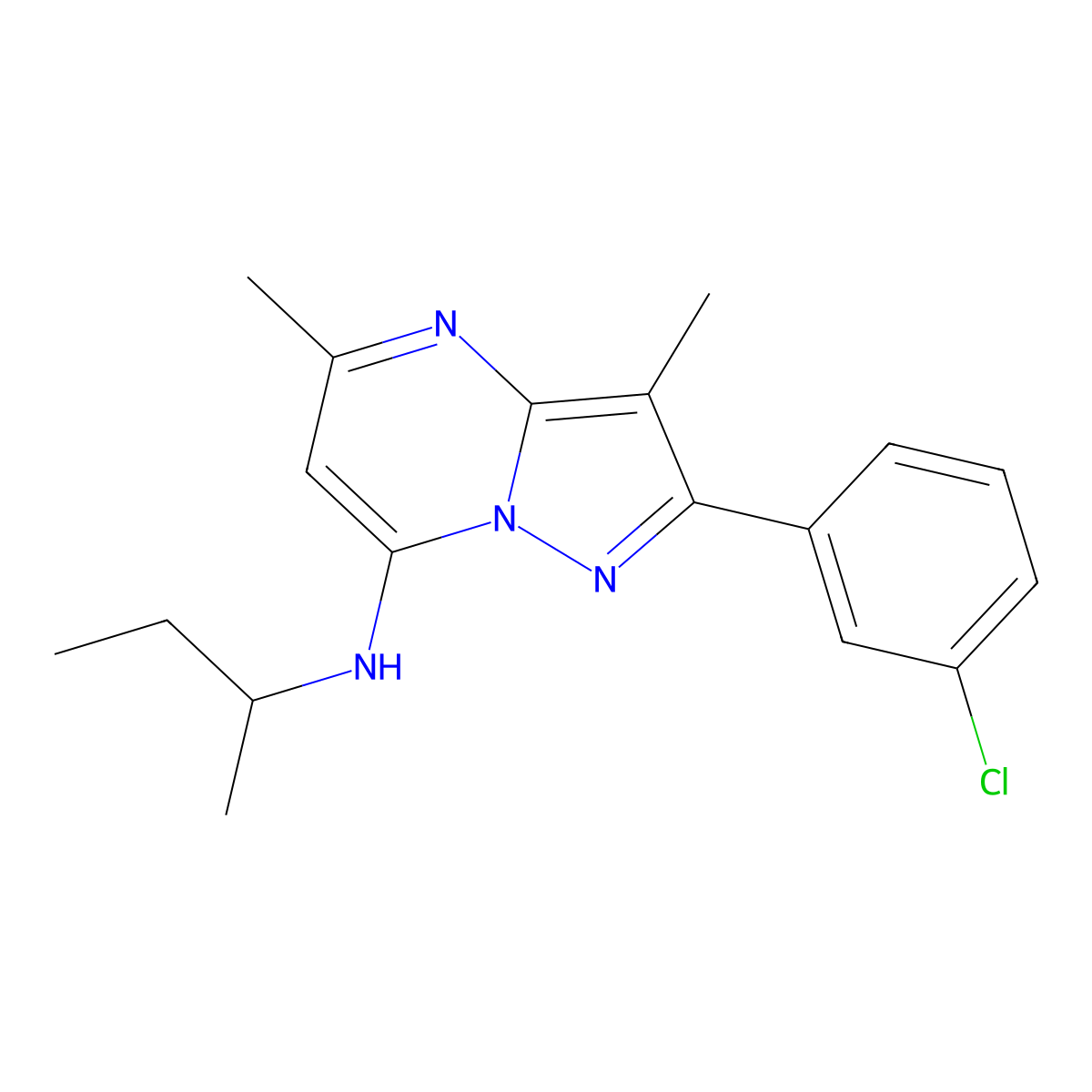 N-(butan-2-yl)-2-(3-chlorophenyl)-3,5-dimethylpyrazolo[1,5-a]pyrimidin-7-amine molecular structure, CAS 1203326-31-1