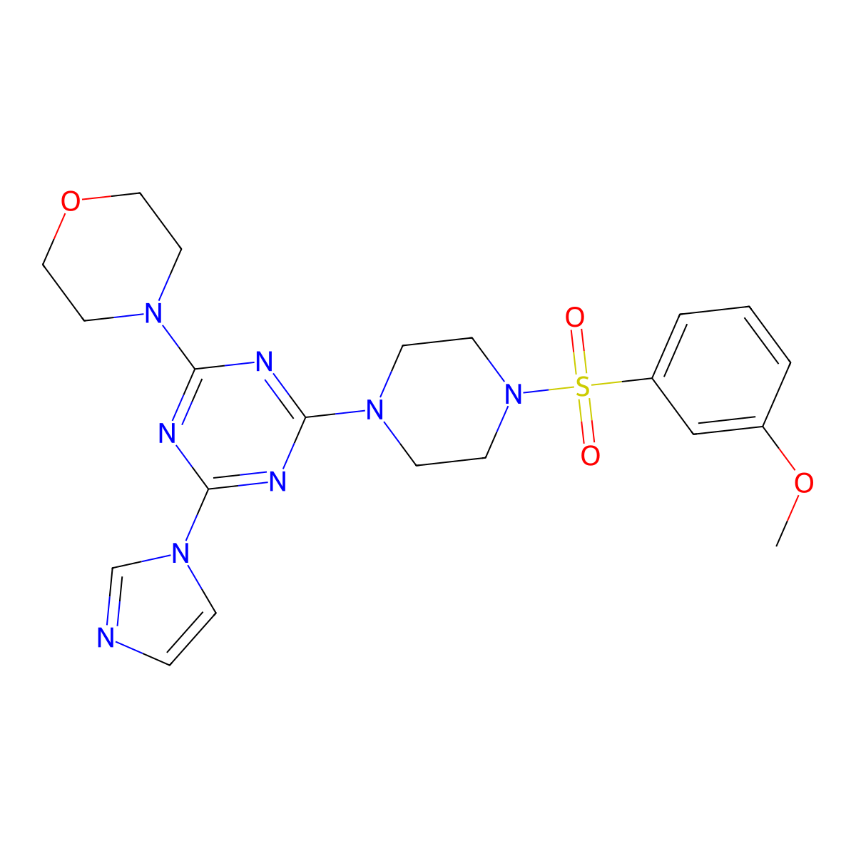 4-(4-(1H-imidazol-1-yl)-6-(4-((3-methoxyphenyl)sulfonyl)piperazin-1-yl)-1,3,5-triazin-2-yl)morpholine molecular structure, CAS 1203326-86-6