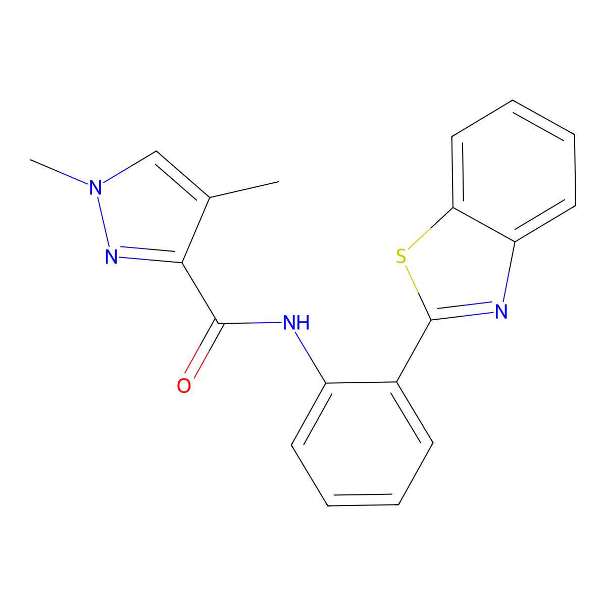 N-(2-(benzo[d]thiazol-2-yl)phenyl)-1,4-dimethyl-1H-pyrazole-3-carboxamide molecular structure, CAS 1203327-37-0