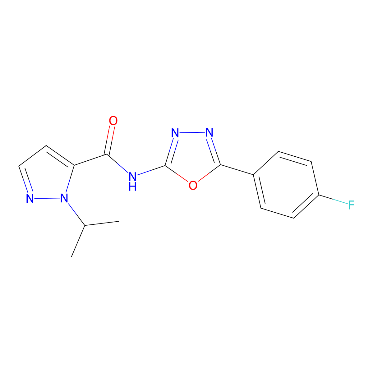 N-(5-(4-fluorophenyl)-1,3,4-oxadiazol-2-yl)-1-isopropyl-1H-pyrazole-5-carboxamide molecular structure, CAS 1203328-06-6