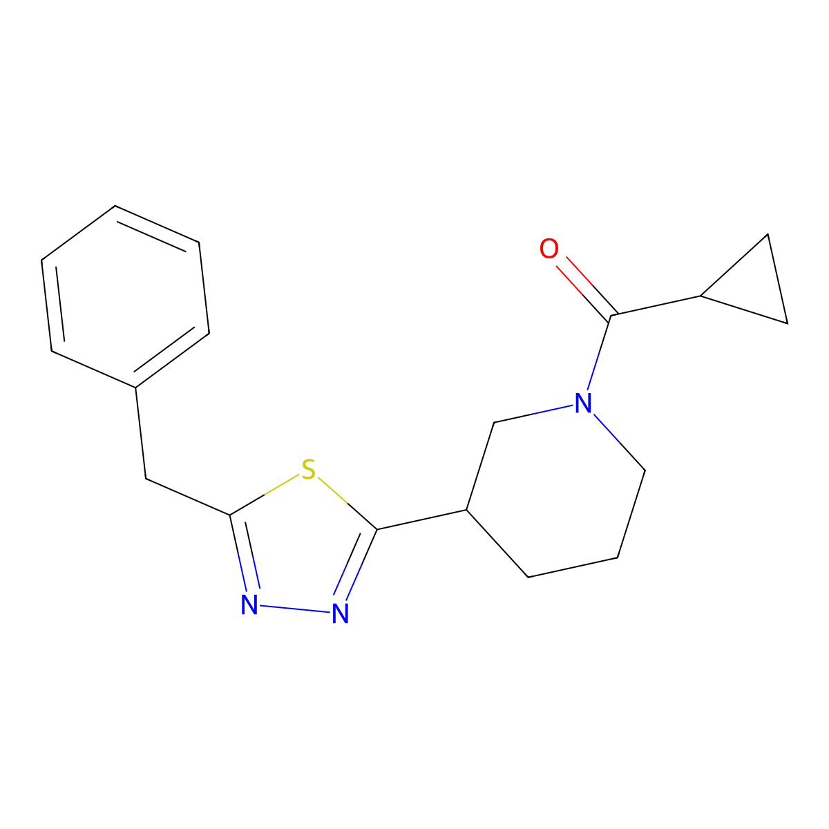 (3-(5-Benzyl-1,3,4-thiadiazol-2-yl)piperidin-1-yl)(cyclopropyl)methanone molecular structure, CAS 1203328-20-4
