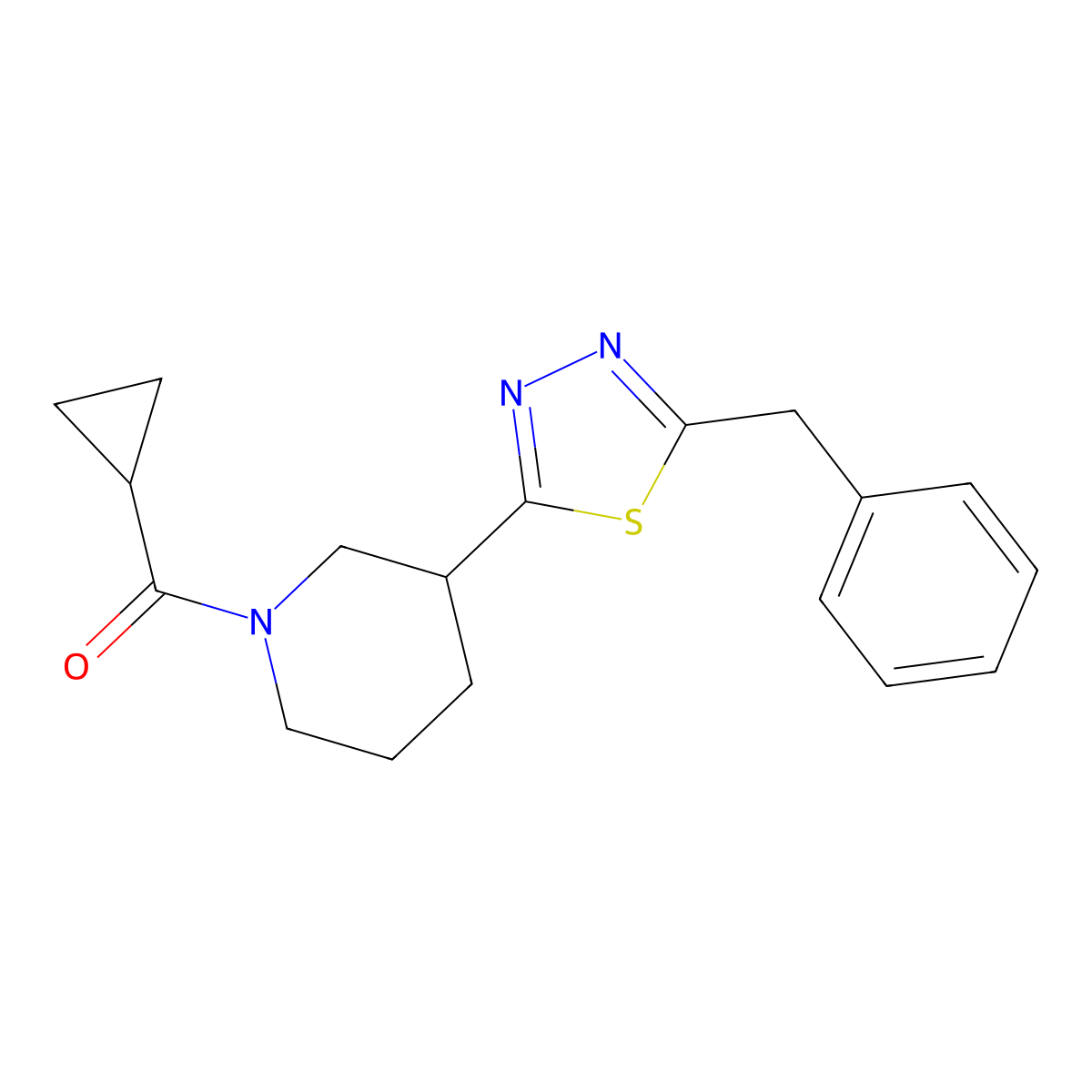 (3-(5-Benzyl-1,3,4-thiadiazol-2-yl)piperidin-1-yl)(cyclopropyl)methanone molecular structure, CAS 1203328-20-4