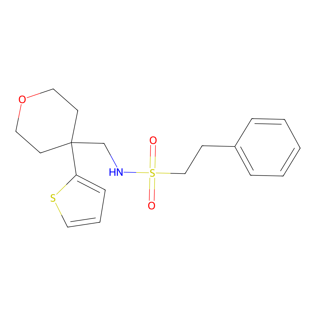 2-phenyl-N-((4-(thiophen-2-yl)tetrahydro-2H-pyran-4-yl)methyl)ethanesulfonamide molecular structure, CAS 1203328-55-5