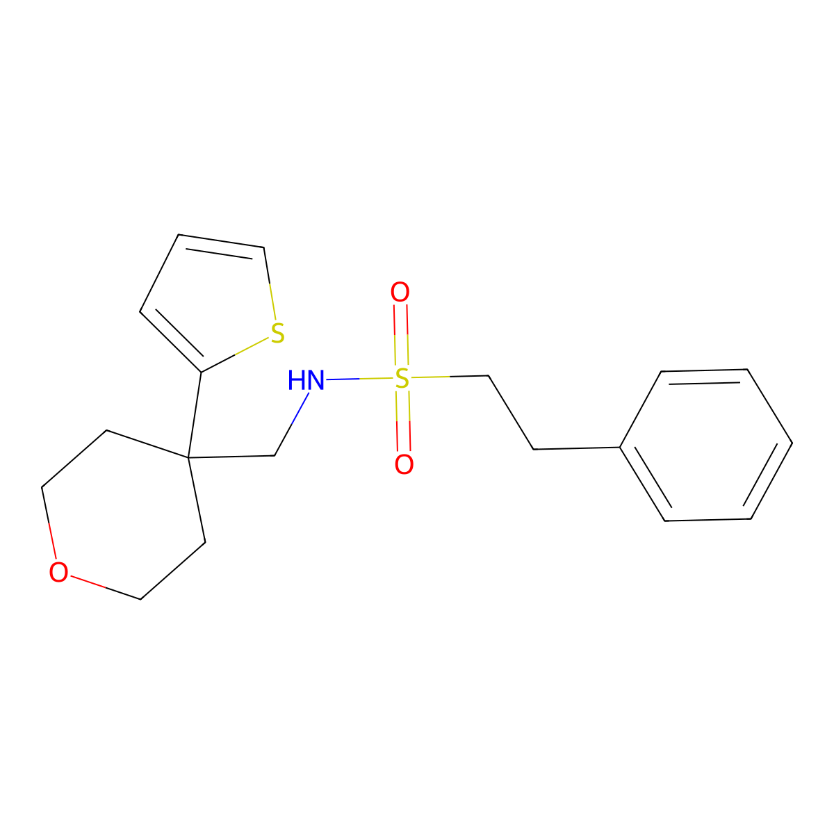 2-phenyl-N-((4-(thiophen-2-yl)tetrahydro-2H-pyran-4-yl)methyl)ethanesulfonamide molecular structure, CAS 1203328-55-5