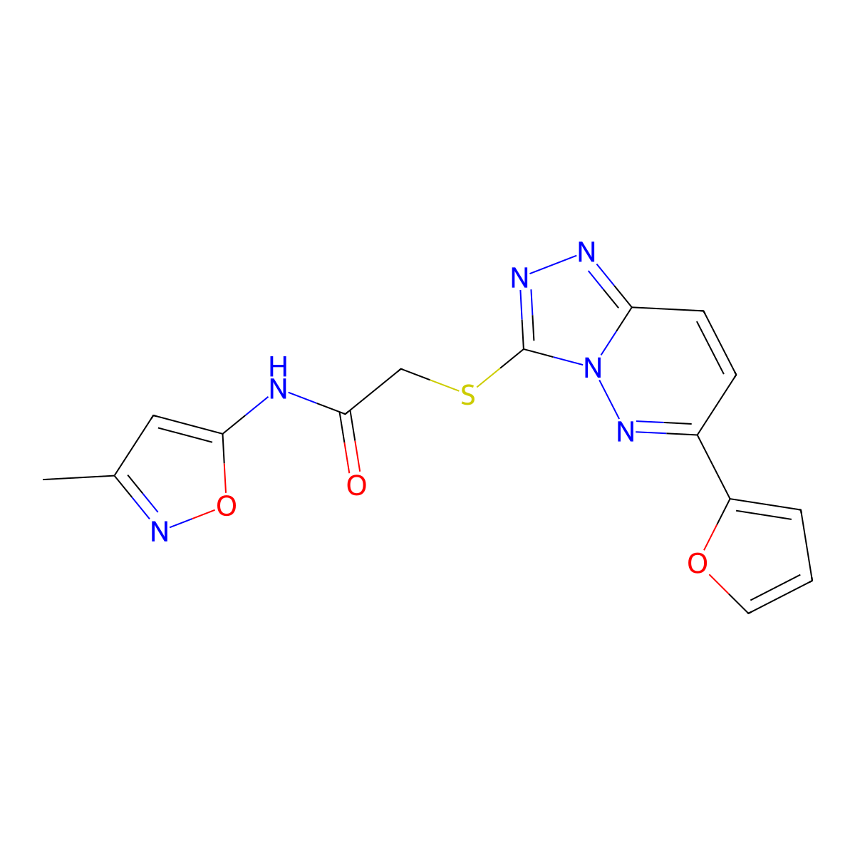 2-((6-(furan-2-yl)-[1,2,4]triazolo[4,3-b]pyridazin-3-yl)thio)-N-(3-methylisoxazol-5-yl)acetamide molecular structure, CAS 1203328-89-5