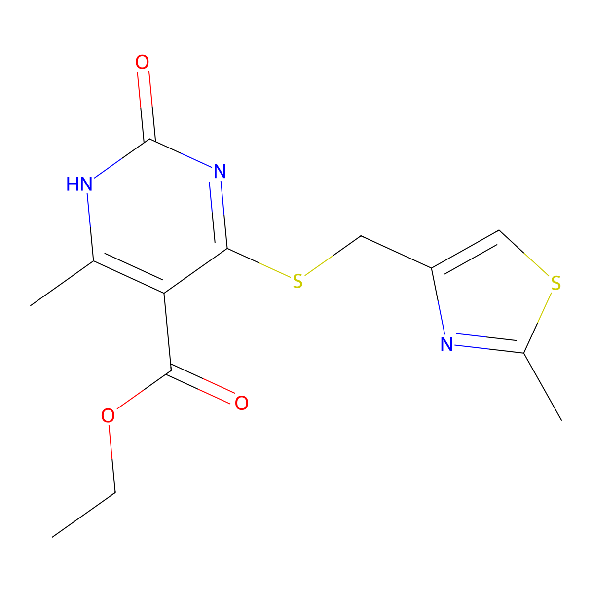 Ethyl 6-methyl-4-(((2-methylthiazol-4-yl)methyl)thio)-2-oxo-1,2-dihydropyrimidine-5-carboxylate molecular structure, CAS 1203330-51-1