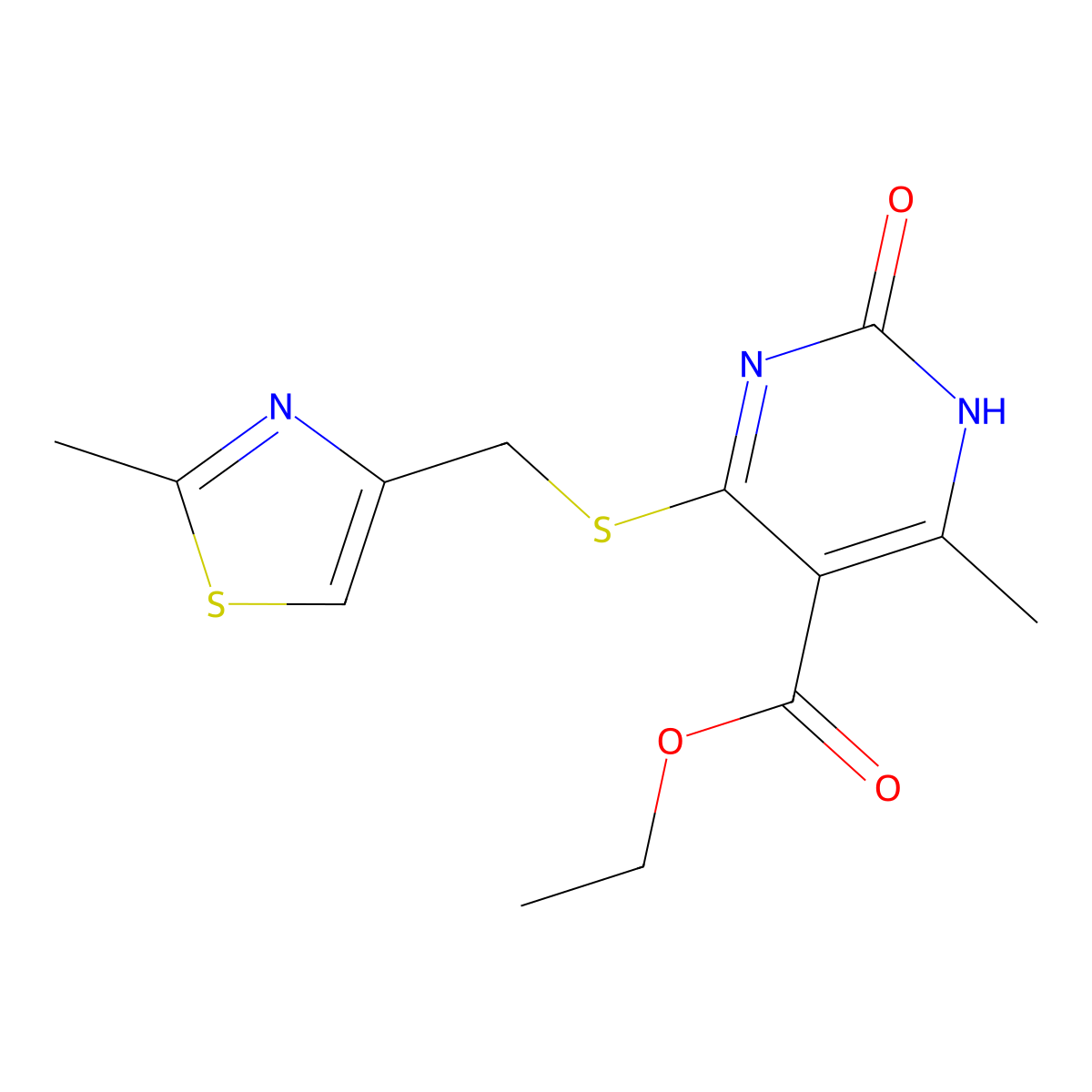 Ethyl 6-methyl-4-(((2-methylthiazol-4-yl)methyl)thio)-2-oxo-1,2-dihydropyrimidine-5-carboxylate molecular structure, CAS 1203330-51-1