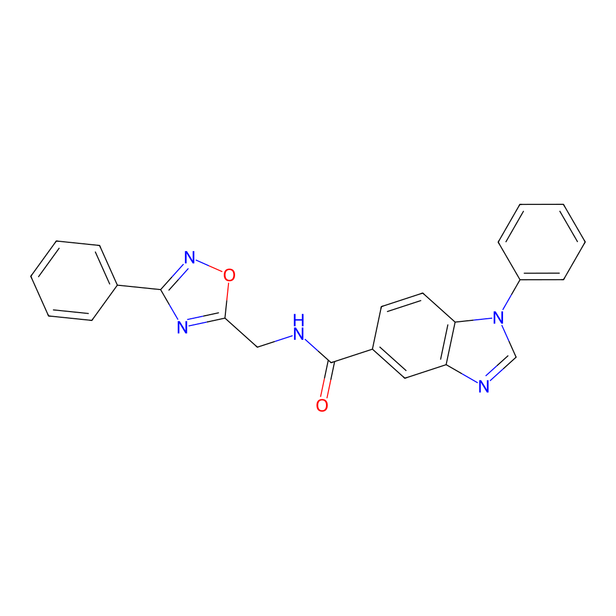 1-phenyl-N-((3-phenyl-1,2,4-oxadiazol-5-yl)methyl)-1H-benzo[d]imidazole-5-carboxamide molecular structure, CAS 1203333-66-7