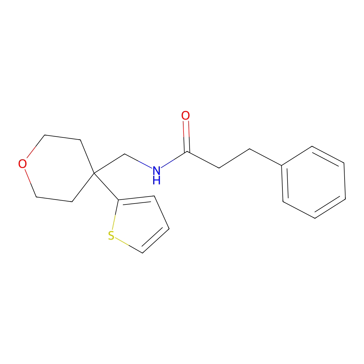 3-phenyl-N-((4-(thiophen-2-yl)tetrahydro-2H-pyran-4-yl)methyl)propanamide molecular structure, CAS 1203336-88-2