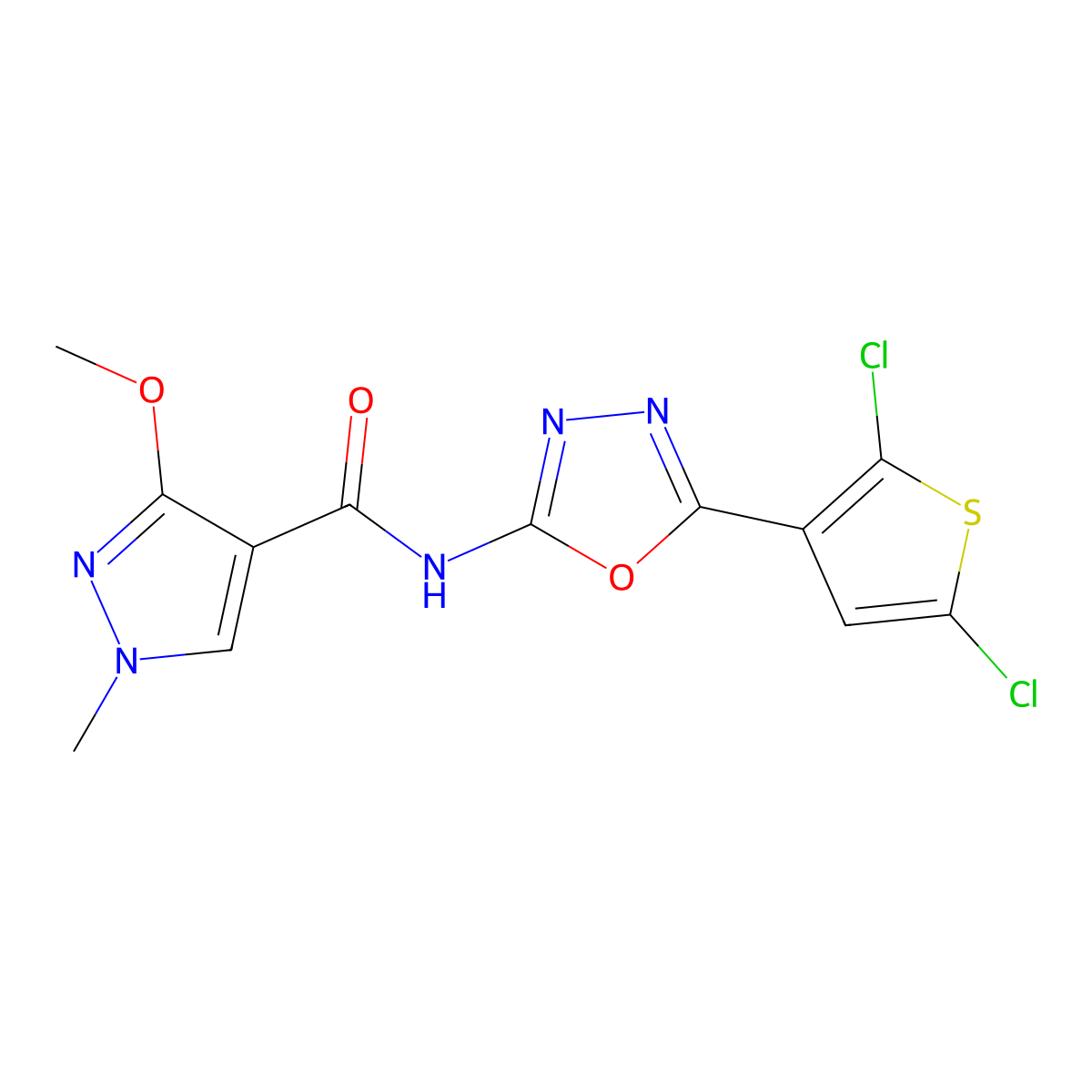 N-[5-(2,5-dichlorothiophen-3-yl)-1,3,4-oxadiazol-2-yl]-3-methoxy-1-methyl-1H-pyrazole-4-carboxamide molecular structure, CAS 1203337-47-6