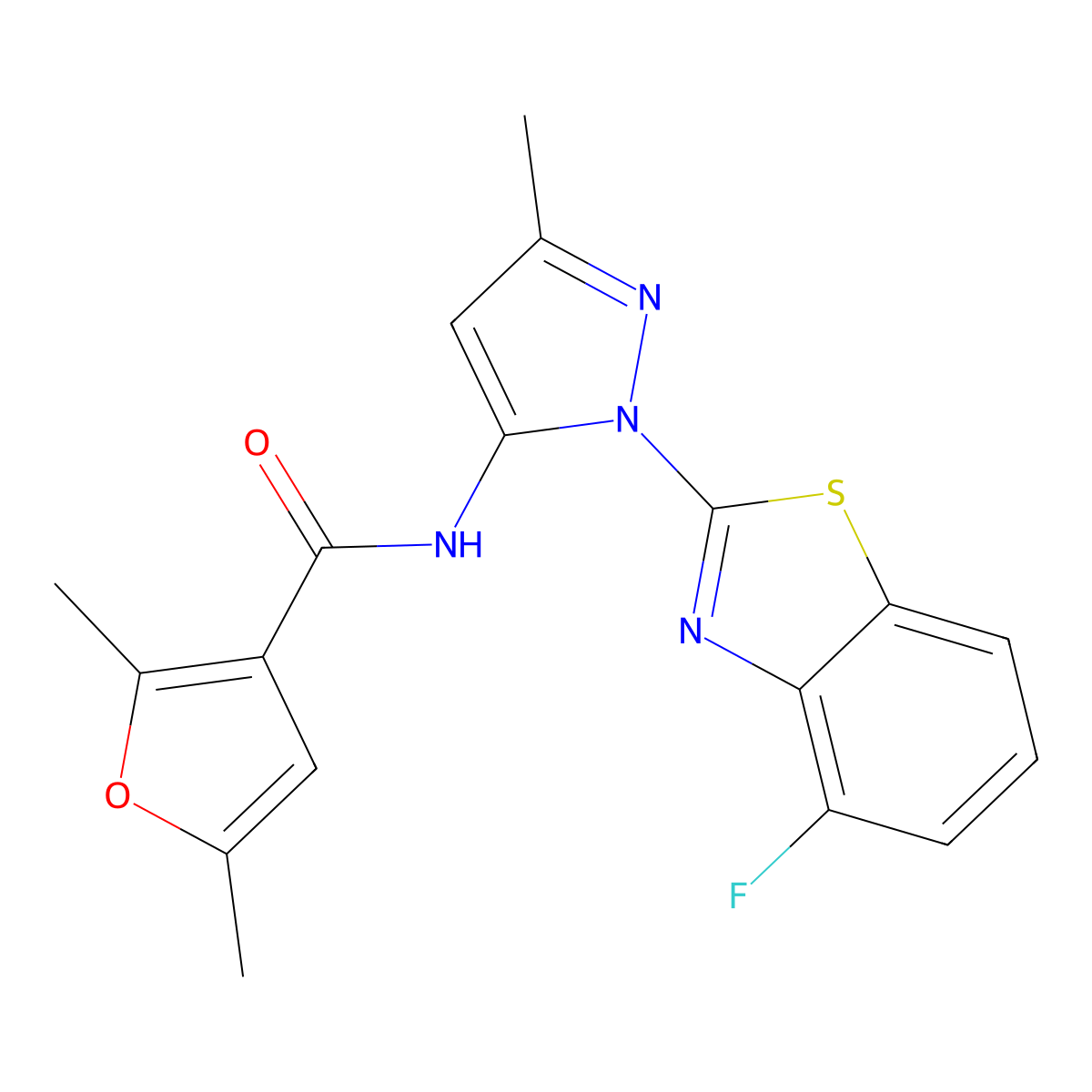 N-(1-(4-fluorobenzo[d]thiazol-2-yl)-3-methyl-1H-pyrazol-5-yl)-2,5-dimethylfuran-3-carboxamide molecular structure, CAS 1203338-28-6