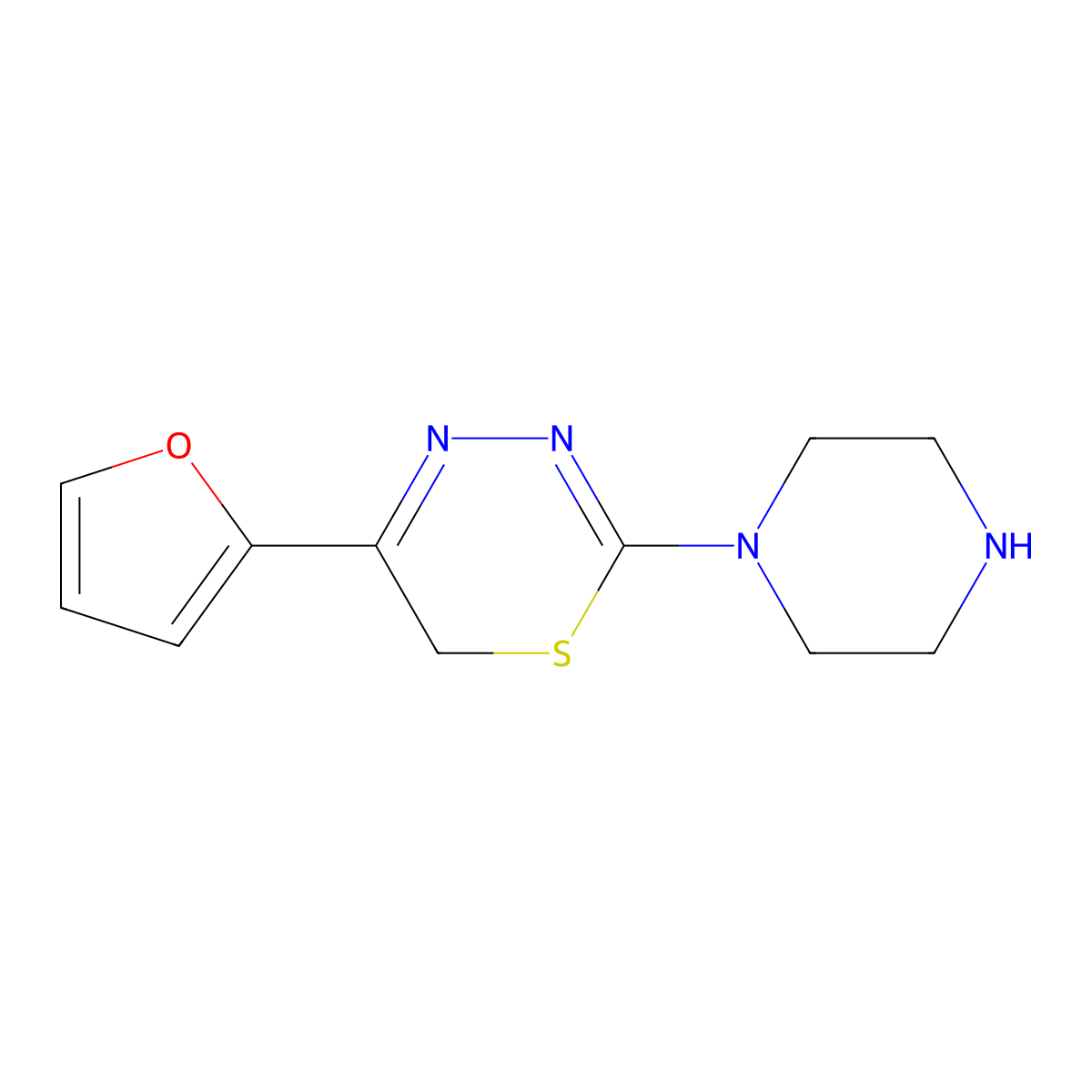 5-(furan-2-yl)-2-(piperazin-1-yl)-6H-1,3,4-thiadiazine molecular structure, CAS 1203338-82-2