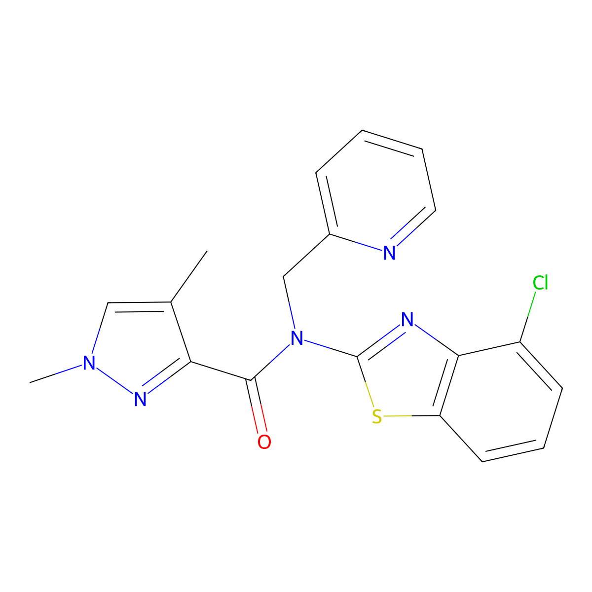 N-(4-chloro-1,3-benzothiazol-2-yl)-1,4-dimethyl-N-[(pyridin-2-yl)methyl]-1H-pyrazole-3-carboxamide molecular structure, CAS 1203339-61-0