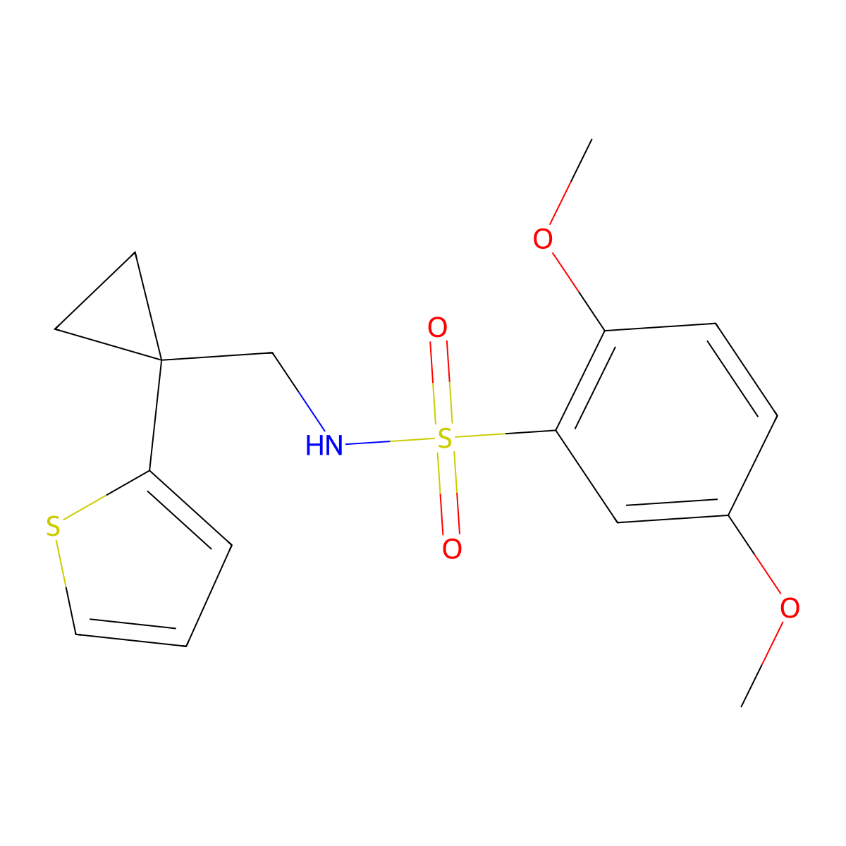 2,5-dimethoxy-N-((1-(thiophen-2-yl)cyclopropyl)methyl)benzenesulfonamide molecular structure, CAS 1203339-65-4