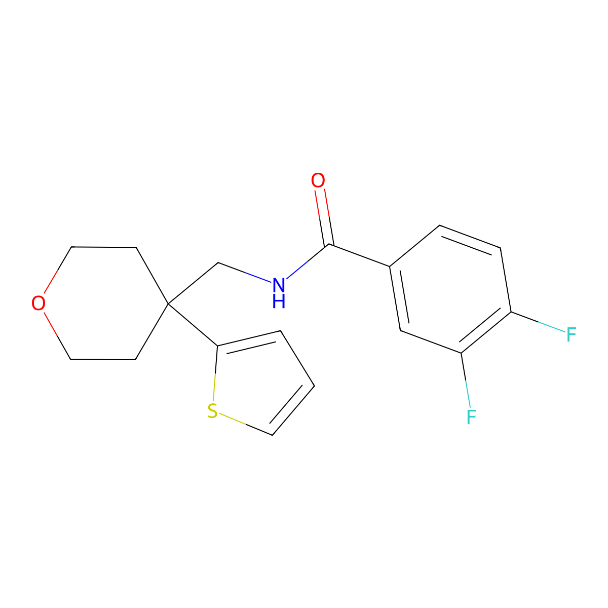 3,4-difluoro-N-((4-(thiophen-2-yl)tetrahydro-2H-pyran-4-yl)methyl)benzamide molecular structure, CAS 1203340-12-8