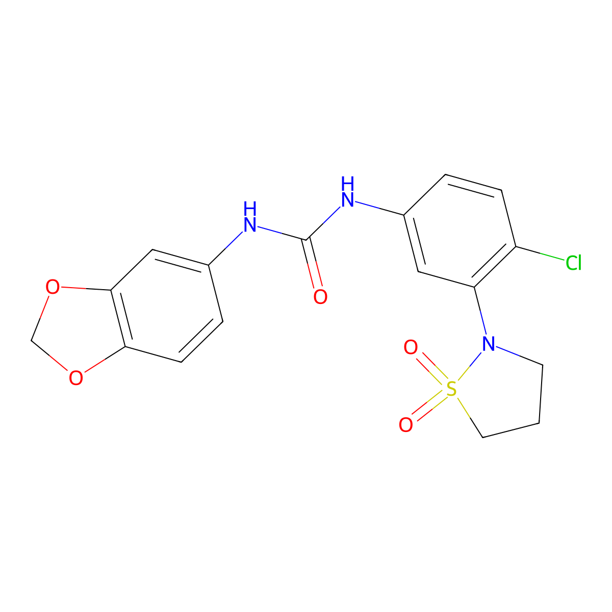 1-(Benzo[d][1,3]dioxol-5-yl)-3-(4-chloro-3-(1,1-dioxidoisothiazolidin-2-yl)phenyl)urea molecular structure, CAS 1203340-59-3