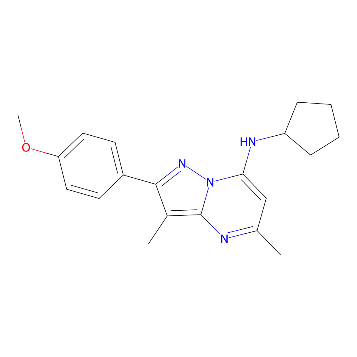 N-cyclopentyl-2-(4-methoxyphenyl)-3,5-dimethylpyrazolo[1,5-a]pyrimidin-7-amine molecular structure, CAS 1203342-25-9