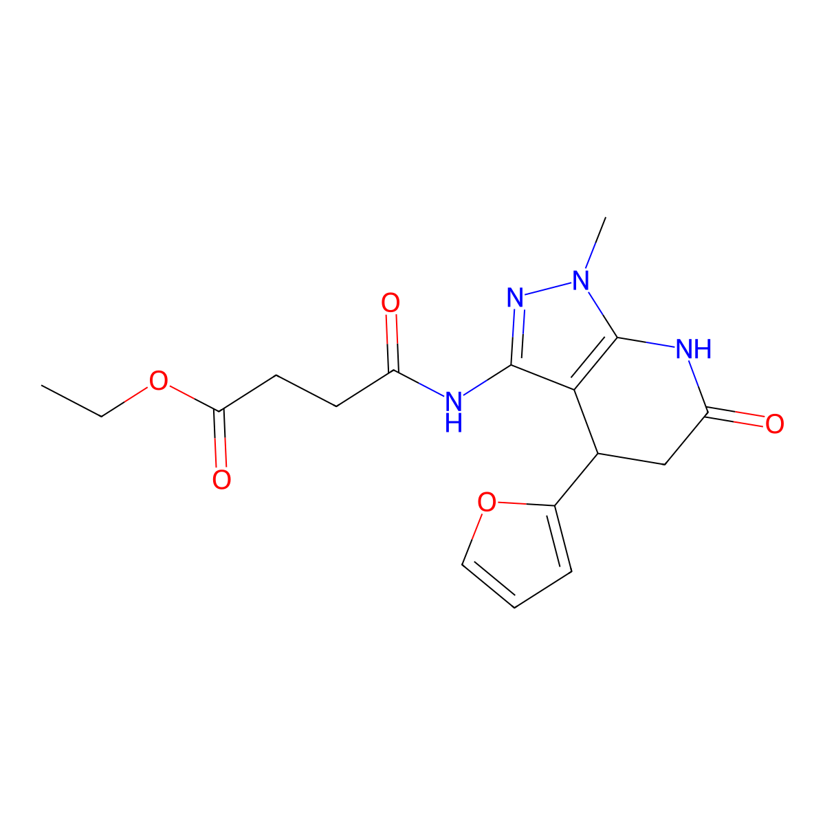 ethyl 4-((4-(furan-2-yl)-1-methyl-6-oxo-4,5,6,7-tetrahydro-1H-pyrazolo[3,4-b]pyridin-3-yl)amino)-4-oxobutanoate molecular structure, CAS 1203342-57-7