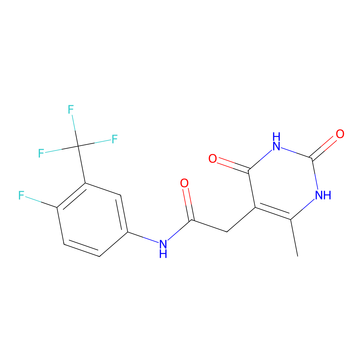 N-(4-fluoro-3-(trifluoromethyl)phenyl)-2-(6-methyl-2,4-dioxo-1,2,3,4-tetrahydropyrimidin-5-yl)acetamide molecular structure, CAS 1203342-98-6