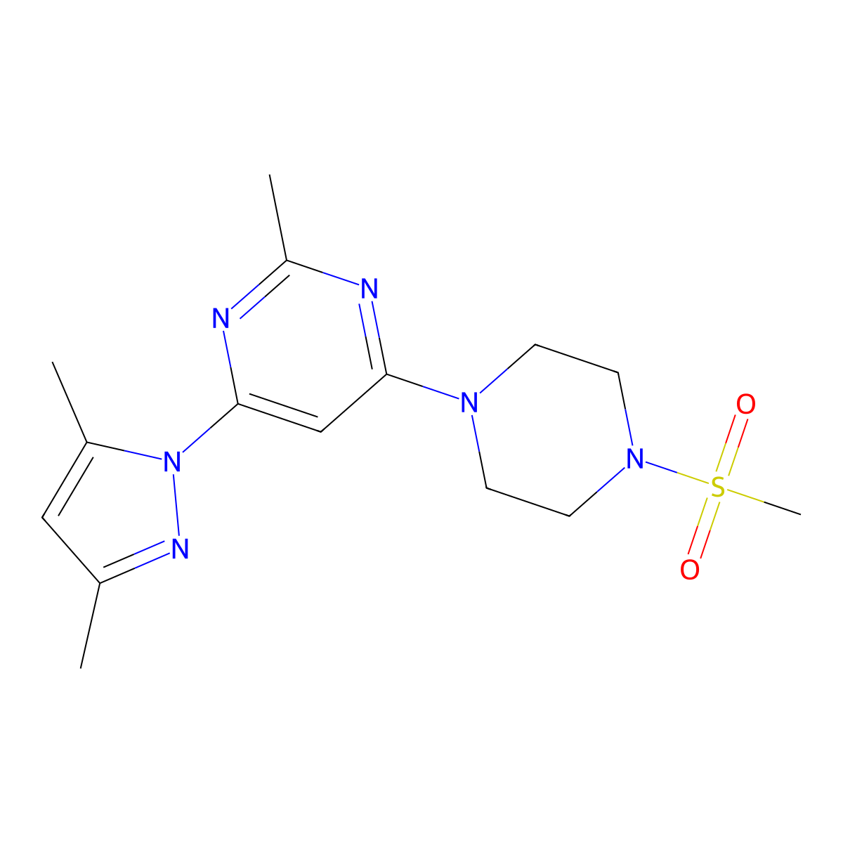 4-(3,5-dimethyl-1H-pyrazol-1-yl)-2-methyl-6-(4-(methylsulfonyl)piperazin-1-yl)pyrimidine molecular structure, CAS 1203343-03-6