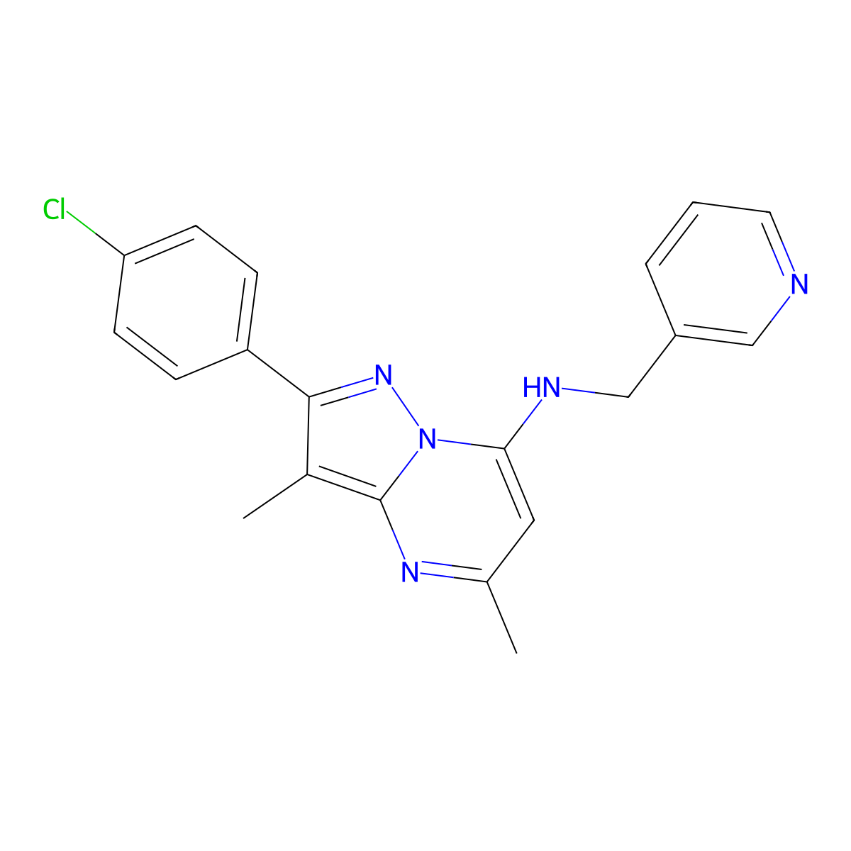 2-(4-chlorophenyl)-3,5-dimethyl-N-(pyridin-3-ylmethyl)pyrazolo[1,5-a]pyrimidin-7-amine molecular structure, CAS 1203343-61-6