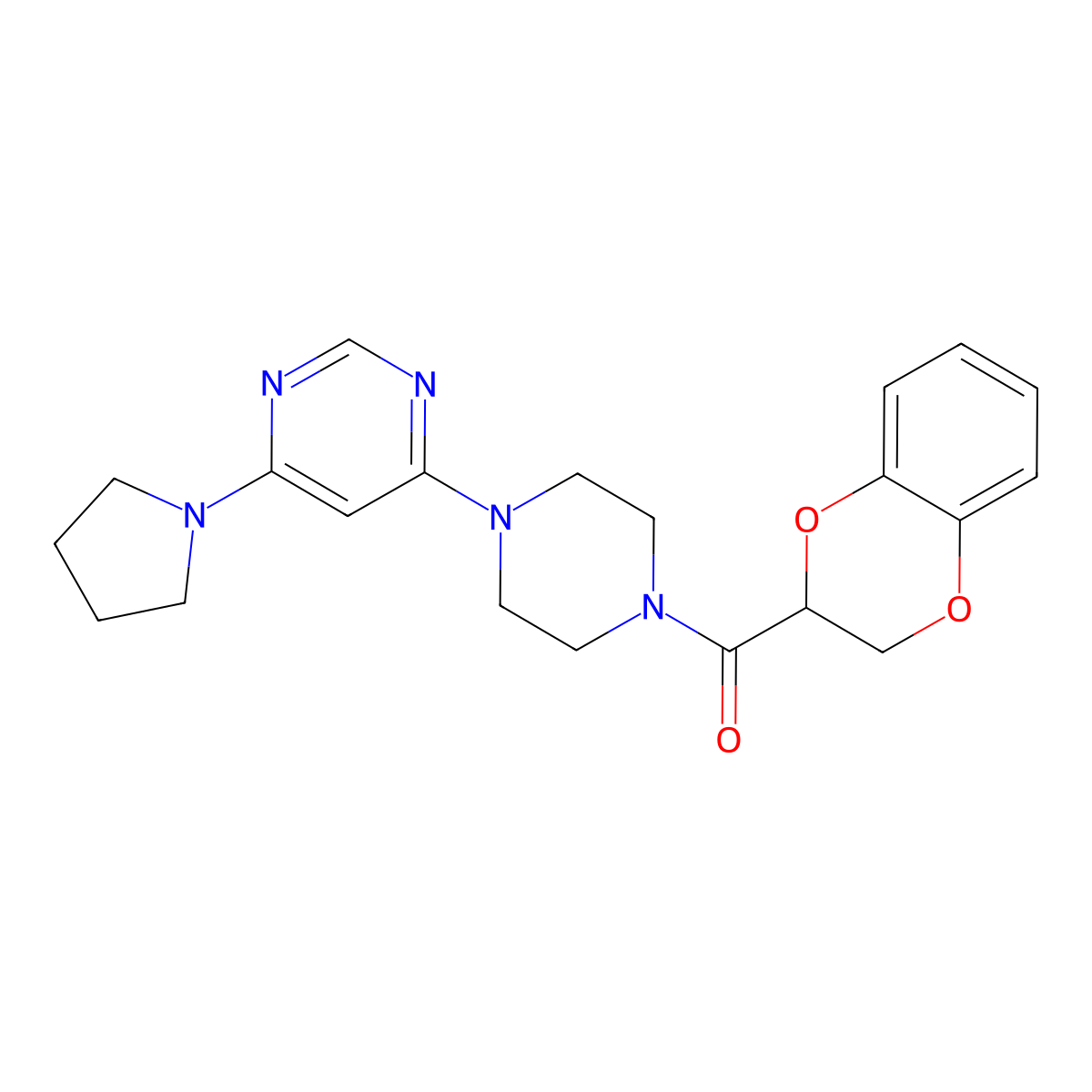 (2,3-Dihydrobenzo[b][1,4]dioxin-2-yl)(4-(6-(pyrrolidin-1-yl)pyrimidin-4-yl)piperazin-1-yl)methanone molecular structure, CAS 1203344-71-1