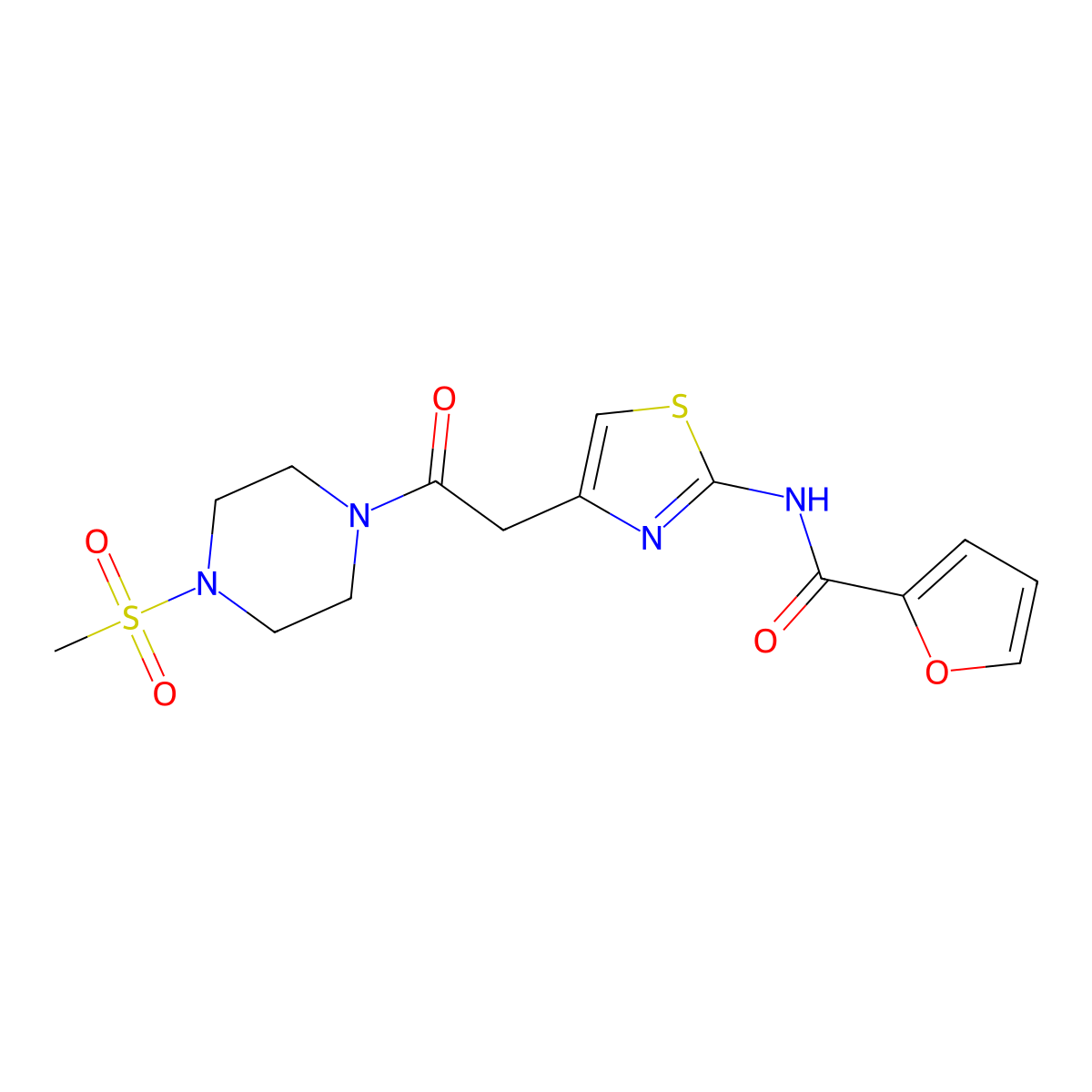 N-(4-(2-(4-(methylsulfonyl)piperazin-1-yl)-2-oxoethyl)thiazol-2-yl)furan-2-carboxamide molecular structure, CAS 1203344-76-6