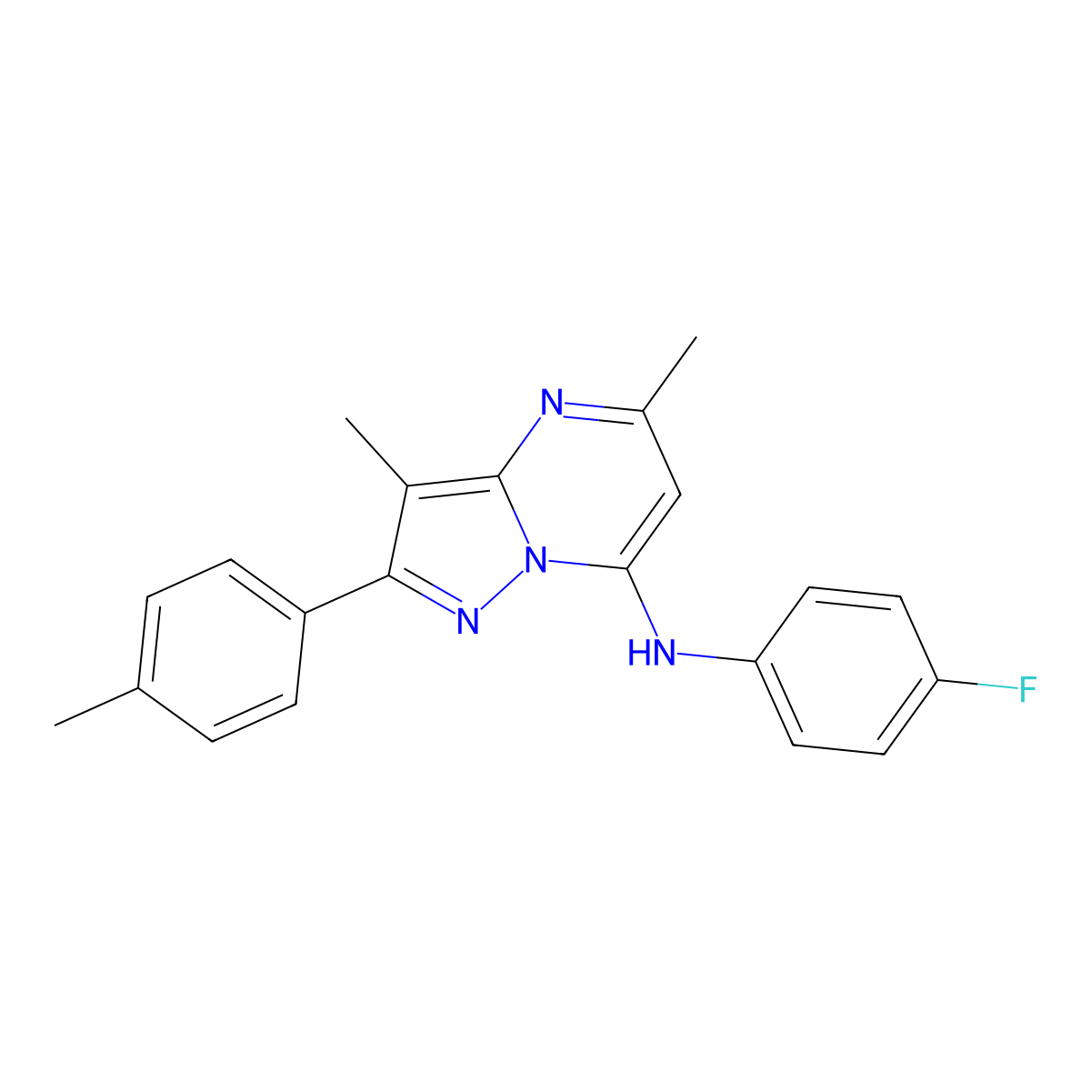 N-(4-fluorophenyl)-3,5-dimethyl-2-(4-methylphenyl)pyrazolo[1,5-a]pyrimidin-7-amine molecular structure, CAS 1203345-73-6