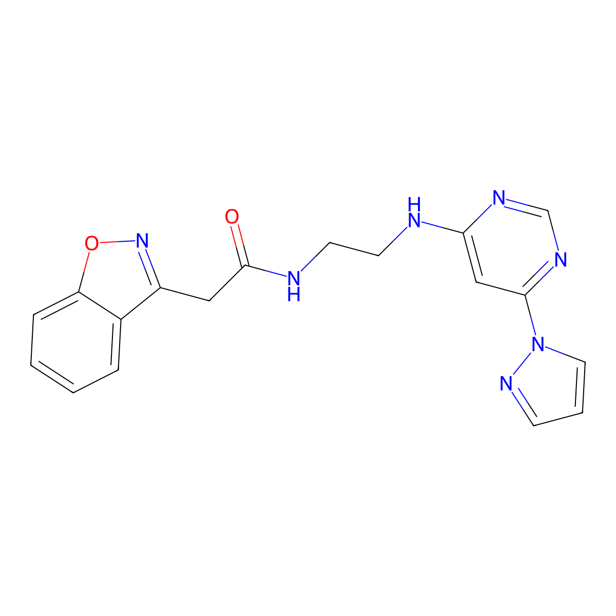 N-(2-((6-(1H-pyrazol-1-yl)pyrimidin-4-yl)amino)ethyl)-2-(benzo[d]isoxazol-3-yl)acetamide molecular structure, CAS 1203347-64-1