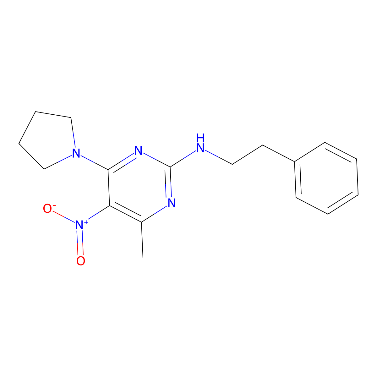 4-methyl-5-nitro-N-phenethyl-6-(pyrrolidin-1-yl)pyrimidin-2-amine molecular structure, CAS 1203347-75-4