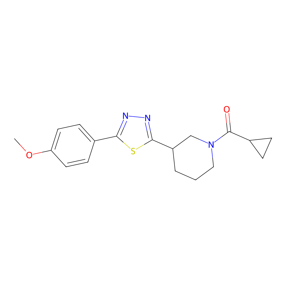 Cyclopropyl(3-(5-(4-methoxyphenyl)-1,3,4-thiadiazol-2-yl)piperidin-1-yl)methanone molecular structure, CAS 1203347-88-9