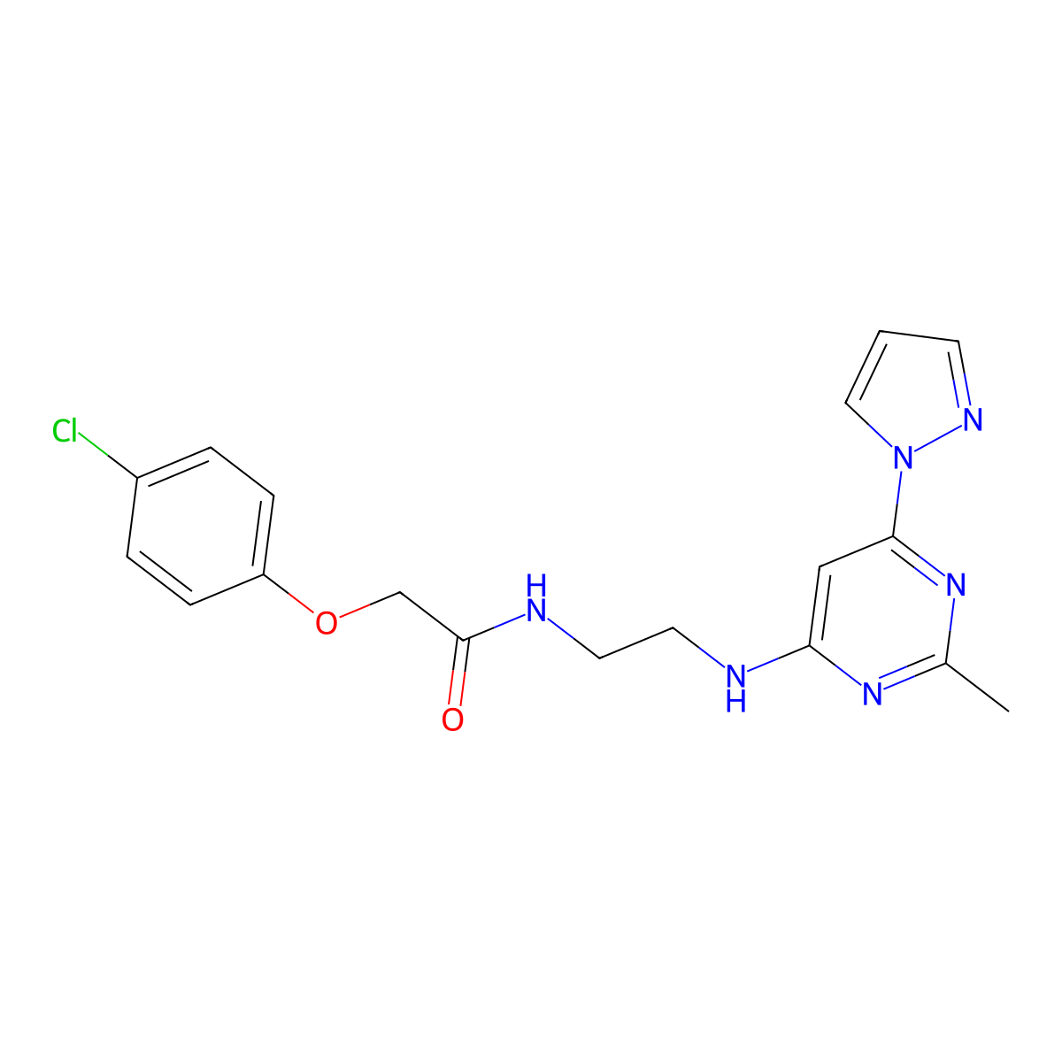 2-(4-chlorophenoxy)-N-(2-((2-methyl-6-(1H-pyrazol-1-yl)pyrimidin-4-yl)amino)ethyl)acetamide molecular structure, CAS 1203348-45-1