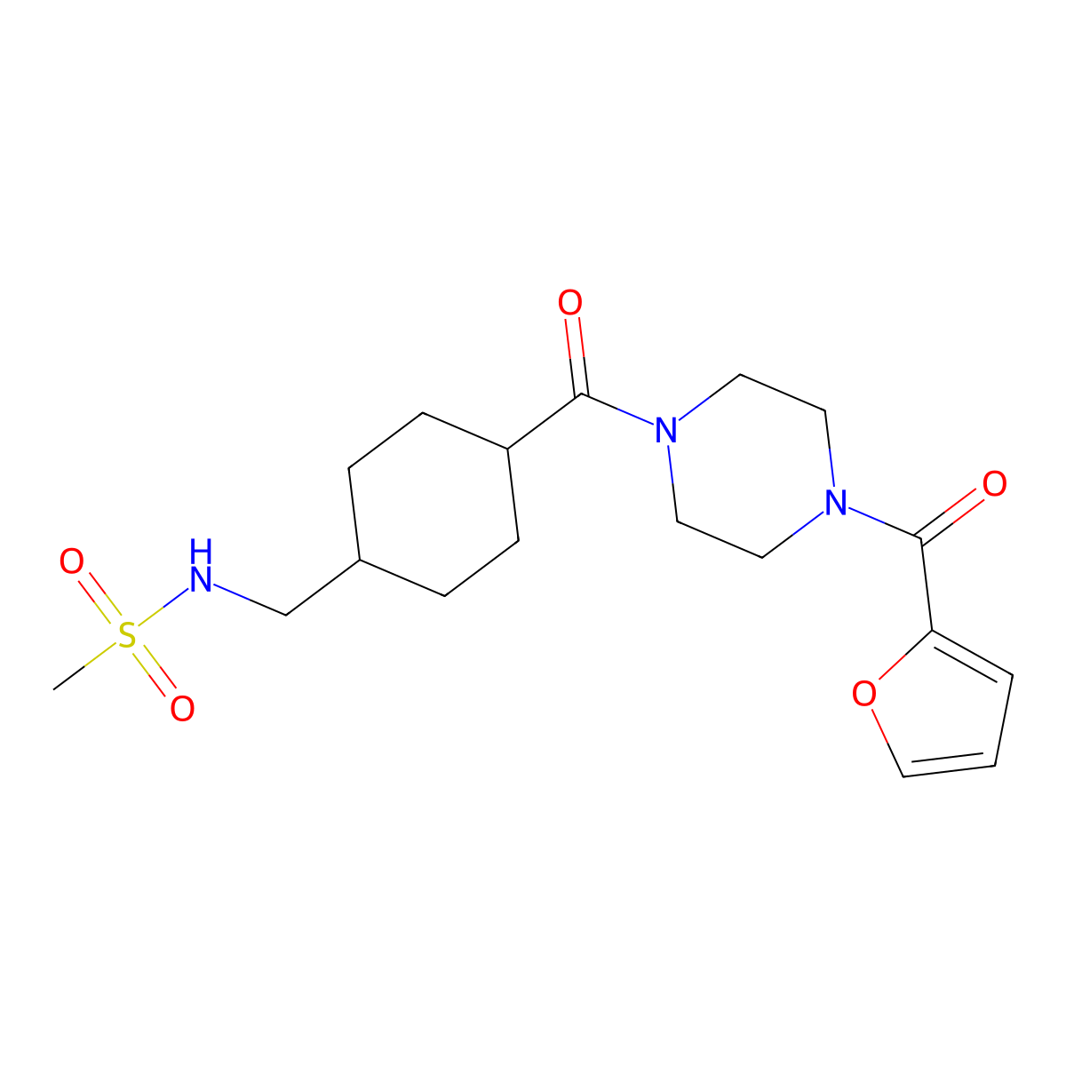 N-((4-(4-(furan-2-carbonyl)piperazine-1-carbonyl)cyclohexyl)methyl)methanesulfonamide molecular structure, CAS 1203348-57-5