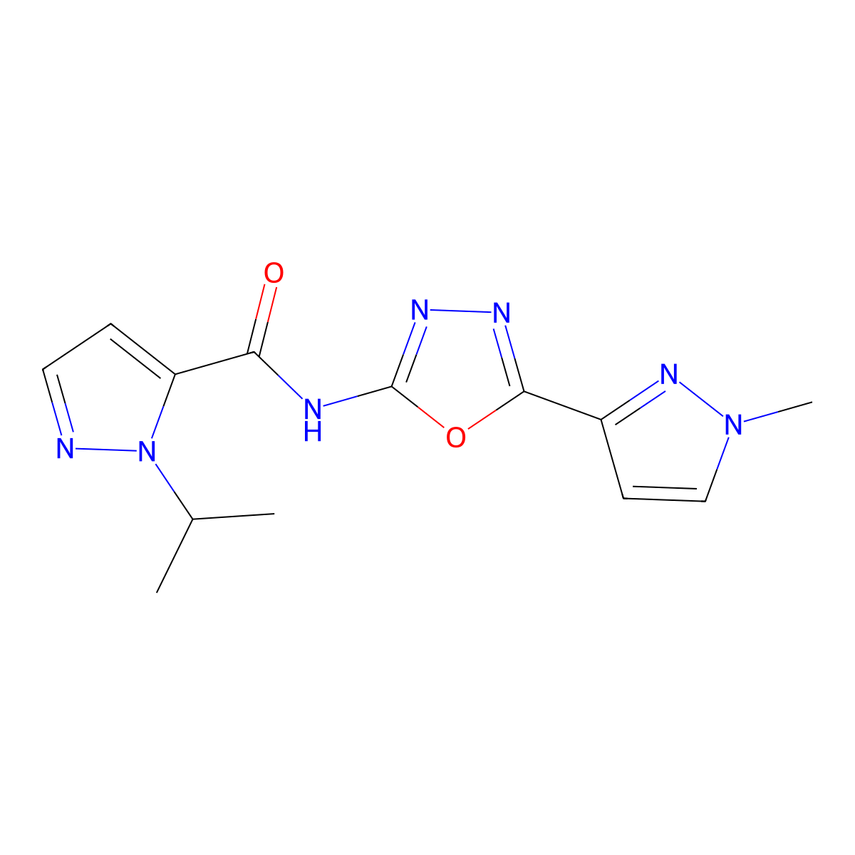 1-isopropyl-N-(5-(1-methyl-1H-pyrazol-3-yl)-1,3,4-oxadiazol-2-yl)-1H-pyrazole-5-carboxamide molecular structure, CAS 1203350-96-2
