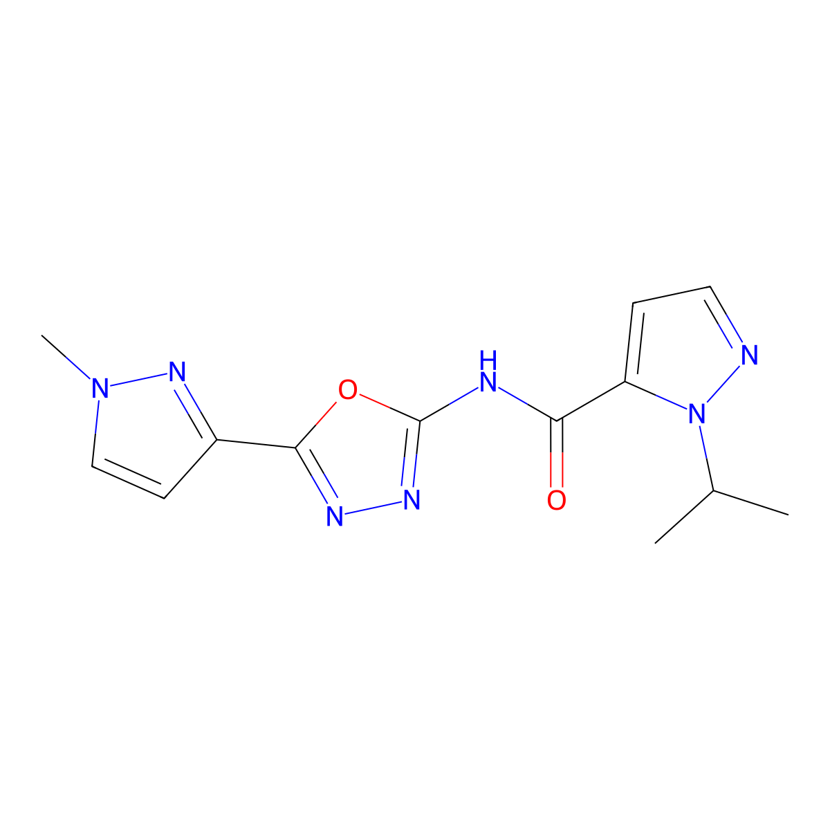 1-isopropyl-N-(5-(1-methyl-1H-pyrazol-3-yl)-1,3,4-oxadiazol-2-yl)-1H-pyrazole-5-carboxamide molecular structure, CAS 1203350-96-2