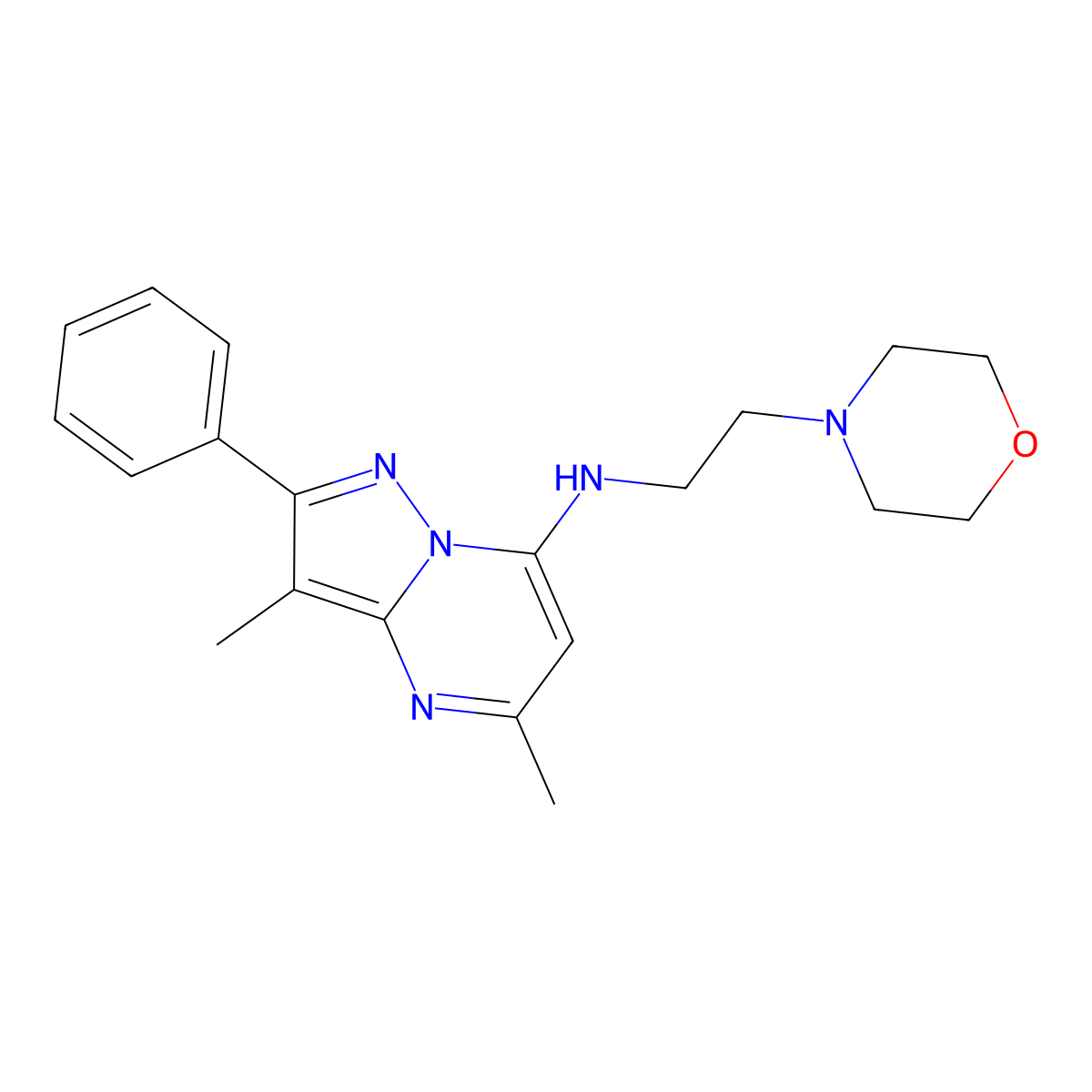 3,5-dimethyl-N-[2-(morpholin-4-yl)ethyl]-2-phenylpyrazolo[1,5-a]pyrimidin-7-amine molecular structure, CAS 1203351-17-0