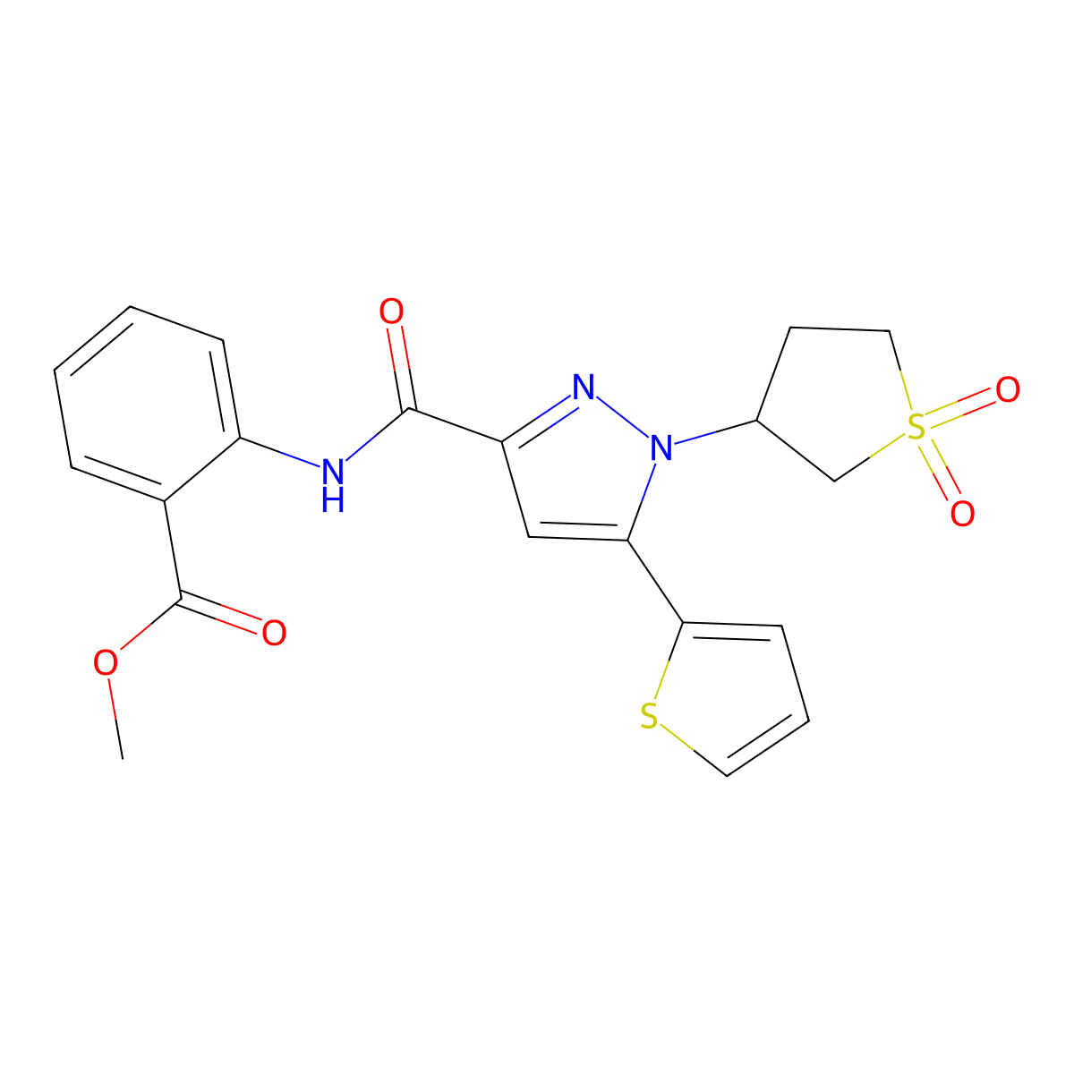 methyl 2-(1-(1,1-dioxidotetrahydrothiophen-3-yl)-5-(thiophen-2-yl)-1H-pyrazole-3-carboxamido)benzoate molecular structure, CAS 1203351-35-2