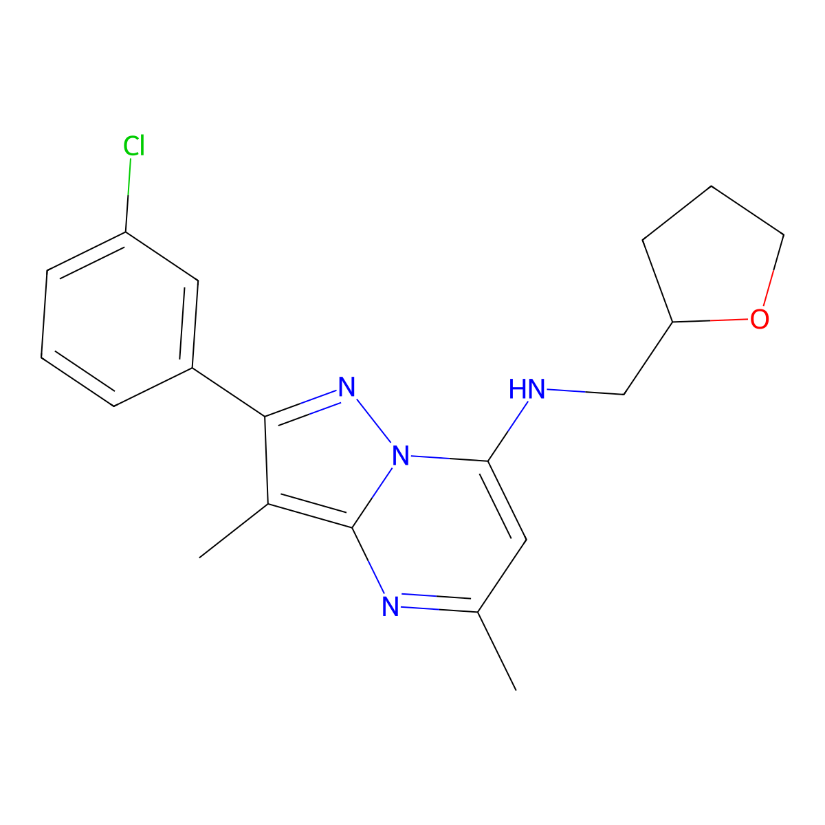 2-(3-chlorophenyl)-3,5-dimethyl-N-(tetrahydrofuran-2-ylmethyl)pyrazolo[1,5-a]pyrimidin-7-amine molecular structure, CAS 1203351-48-7