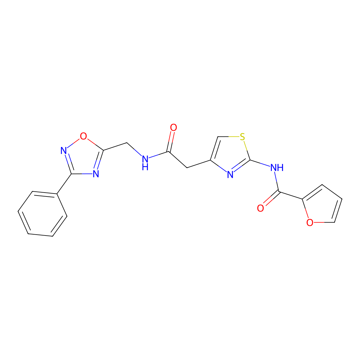N-(4-(2-oxo-2-(((3-phenyl-1,2,4-oxadiazol-5-yl)methyl)amino)ethyl)thiazol-2-yl)furan-2-carboxamide molecular structure, CAS 1203352-57-1